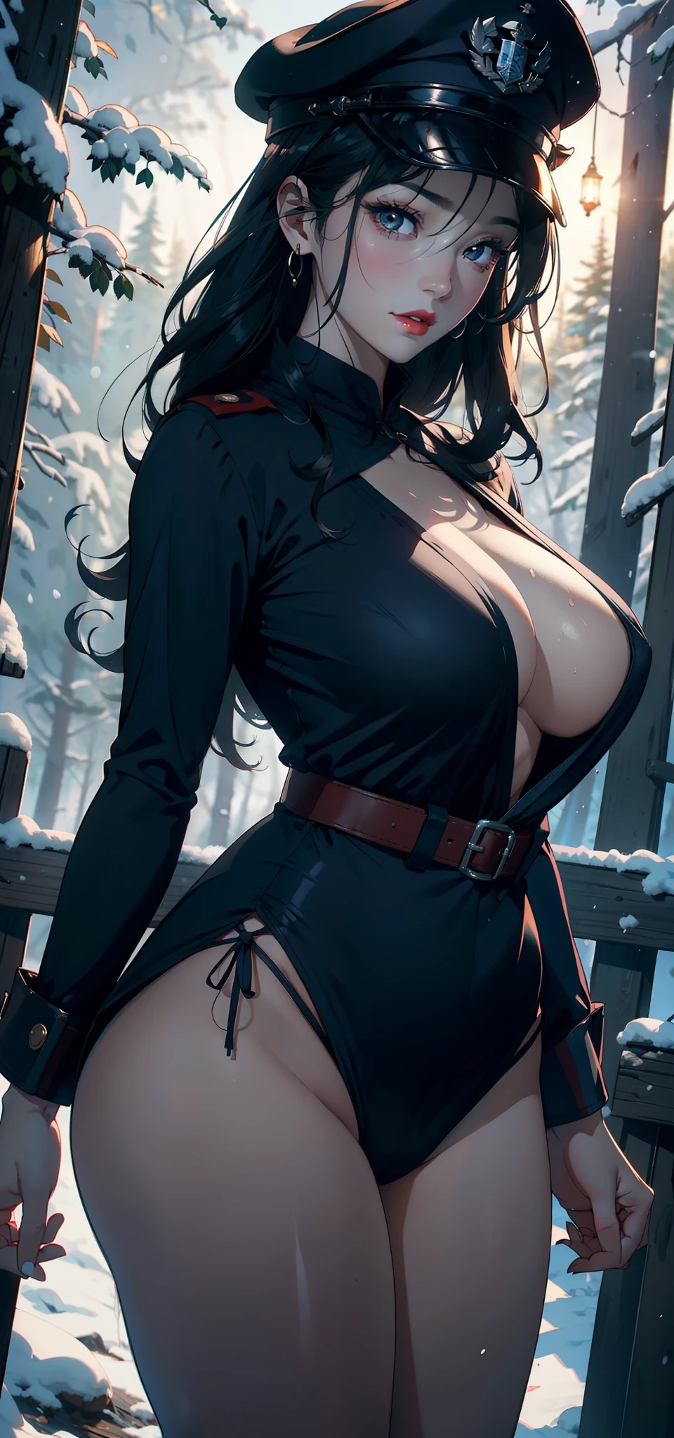 1female,1female,45 yers old,Married Woman,熟妇,mature,plumw,extremely large bosom,Big breasts Thin waist,long leges, 独奏,(Background with:coniferous forest,SakuraNS,at winter season,Snow on the ground) She has long black hair,bobo head,,seen from the front, standing in forest, mostly cloudy sky,(((tmasterpiece),(Very detailed CG unity 8K wallpaper),best qualtiy,cinmatic lighting,detailed back ground,beatiful detailed eyes,Bright pupils,Black eyes,Snow-whiteskin,Redlip(Very fine and beautiful),(Beautiful and detailed eye description),ultra - detailed,tmasterpiece,))facing at camera,A high resolution,ultra - detailed),laughingly,revealing breasts,Bare genitalia, Bulge,legs are open,Raised sexy,Camel toes,Flushed complexion,Desire for dissatisfaction,frontage,Navy(Wearing:Blue officer uniform,Officer's cap)