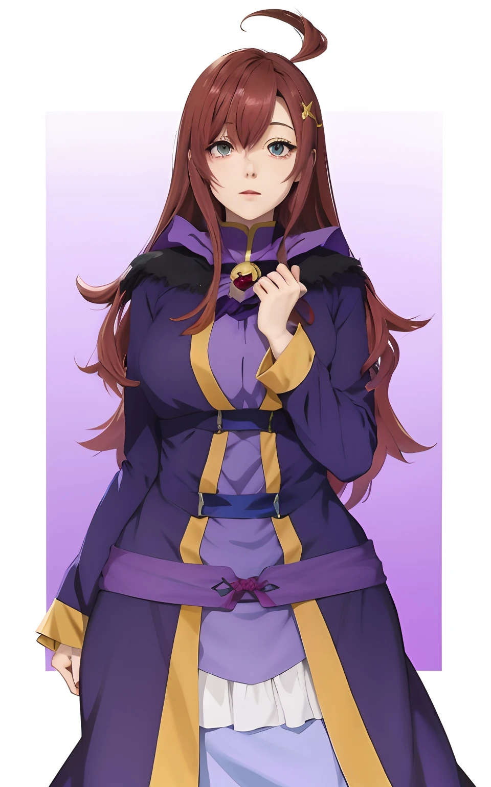 uma imagem dos desenhos animados de uma mulher em um casaco roxo e um vestido roxo, Marin Kitagawa Fanart, anime moe artstyle, personagem de anime feminino, Megumin, Konosuba, holo, Megumin, estilo anime como destino/noite de estadia, protagonista feminina 👀 :8, Impacto de Ayaka Genshin, como um personagem de anime, portrait knights of zodiac girl