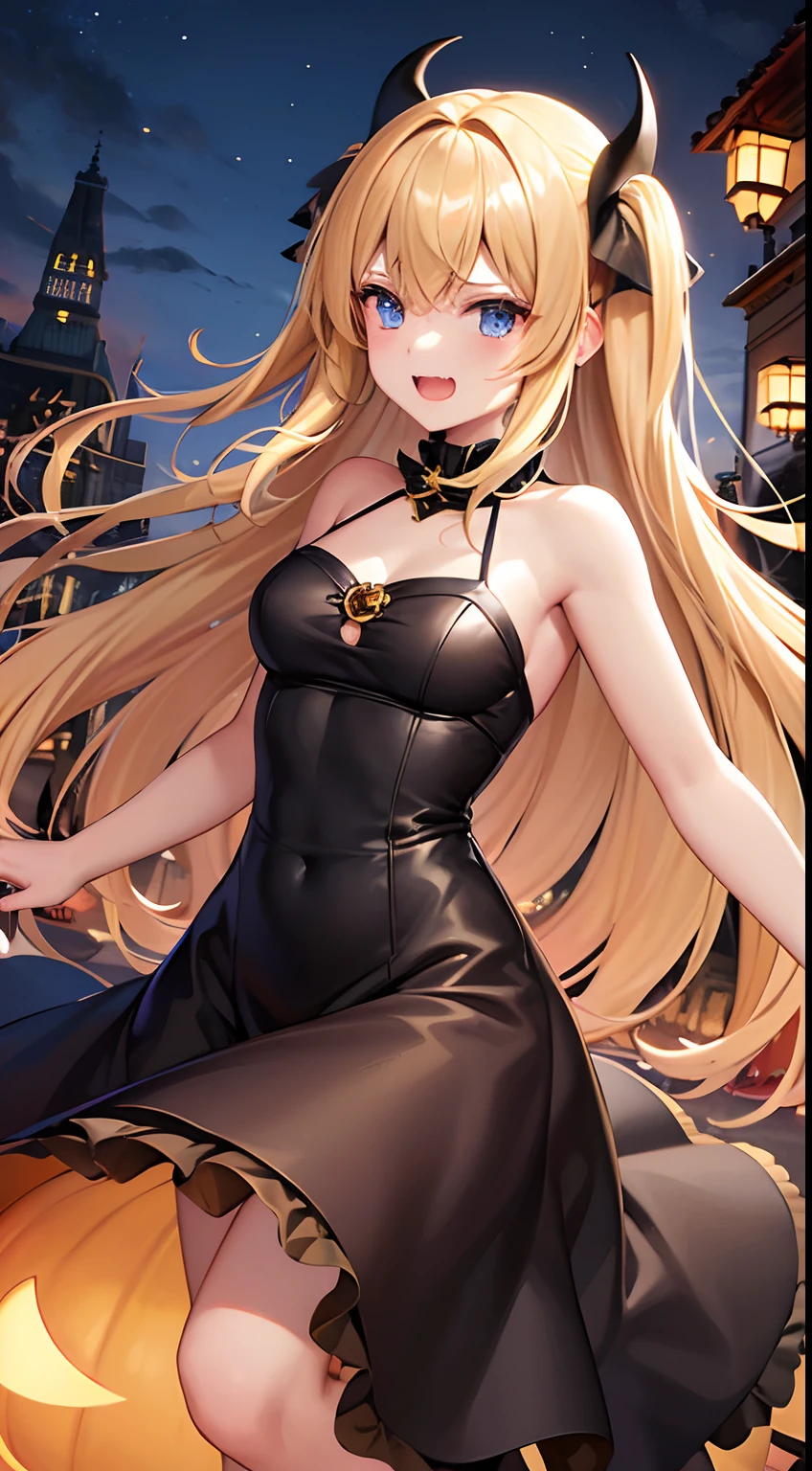 hight resolution、hightquality、ultra-detailliert、8k wallpaper、1人の女性、adult-like、Beautiful fece、Shark costume、The teeth are shark fangs、Kamimei、Melancholy is in the air、Feelings of lovers、Be loved、familiarity、Gold and black dress、Gold and black background、a blond、Sprinkled with Halloween pumpkins、opulent、Less exposure