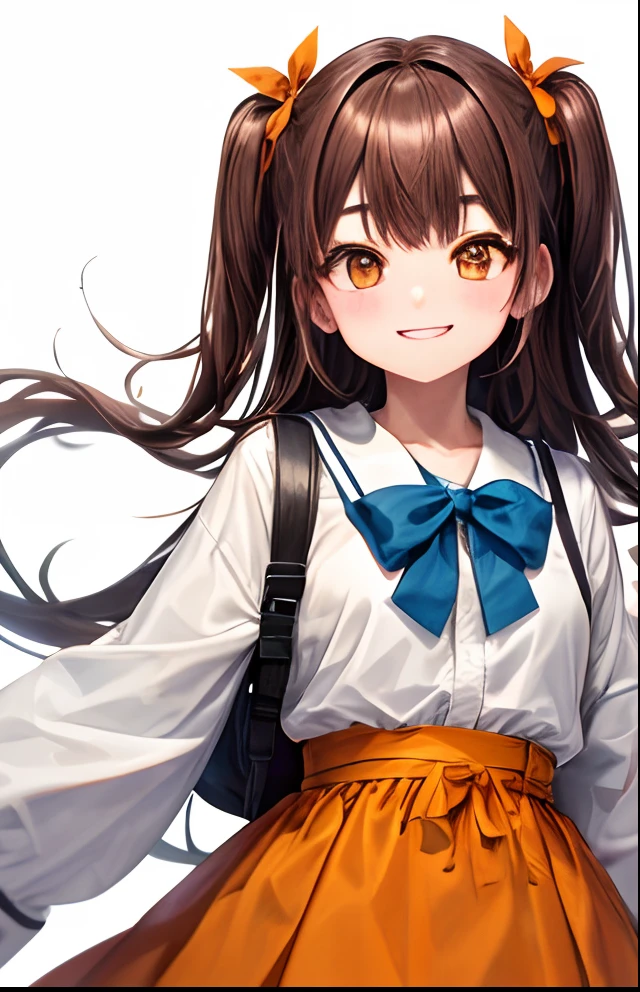 girl with、No background、without background、Background through、Brown hair、Brown hair、Twin-tailed、Two knots、Subject bangs、Pattsun bangs、Aligned bangs、Sareme、Saggy eyebrows、Takuambi、Marovi、Round eyebrows、Orange-eyed、Orange Eyes、bow ribbon、Orange skirt、white shirt、autumnal、kawaii、Shy face、A smile、No background、
