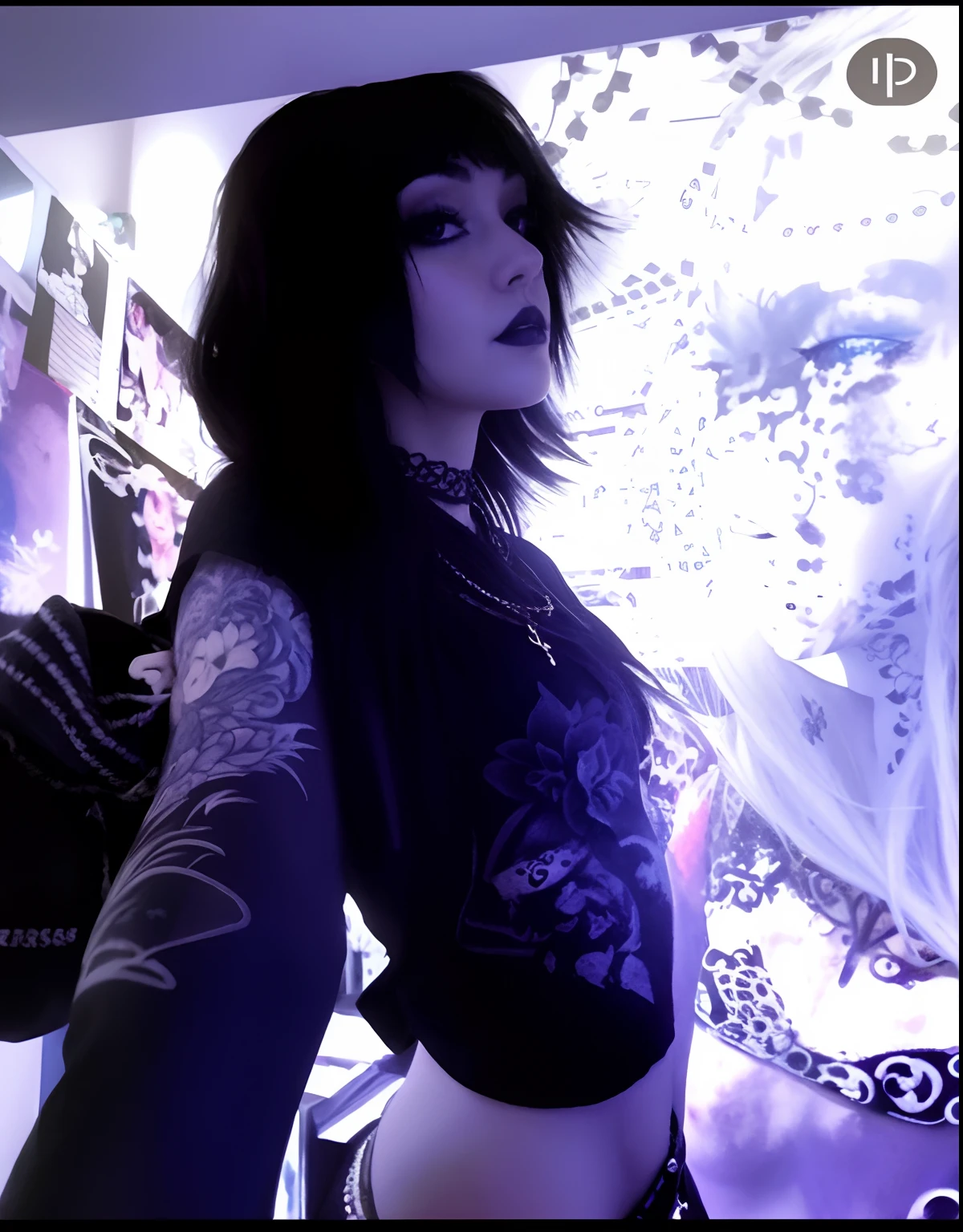 there is a woman naked with a tattoo on her arm and a black shirt, profile image, tall female emo art student, goth girl aesthetic, pale goth beauty, profile shot, profile pic, 1 7 -  - old h girl, goth aesthetic, darkwave goth aesthetic, pale fair skin!!, inspired by Ayami Kojima, inspired by Taro Yamamoto