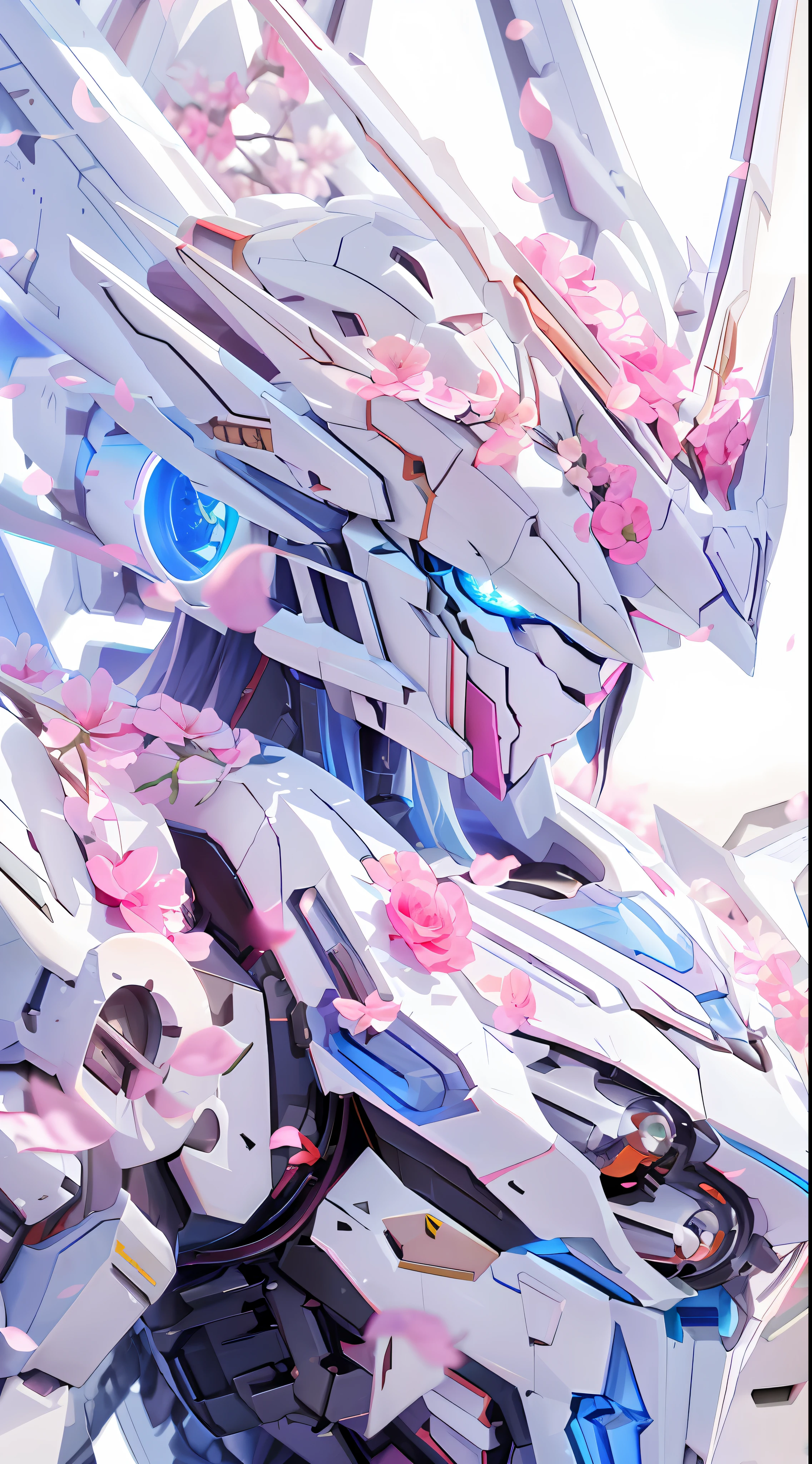 a close up of a model of a robot with pink flowers on it, ethereal and mecha theme, anime mecha aesthetic, many mech flowers, best anime 4k konachan wallpaper, 4k highly detailed digital art, 🌺 cgsociety, mecha asthetic, anime robotic mixed with organic, robot mecha female dragon head, beautiful digital artwork