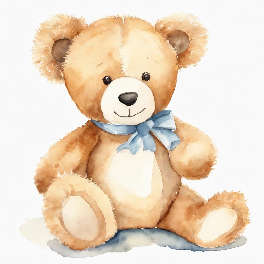 Watercolor drawing of a teddy bear for a children's party, cute, smiling, looking like a baby, friendly, curious. It must not come with clothes. It must be facing forward, standing up. The background should be solid white, without any other details.