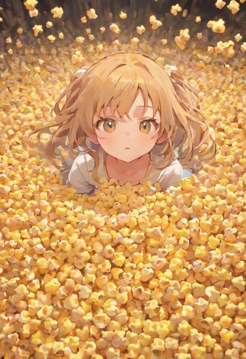 Happy 3D drawn style girl shut with her face looking diagonally with her head sticking out inside a room full of popcorn, lots of popcorn --ar 16:9