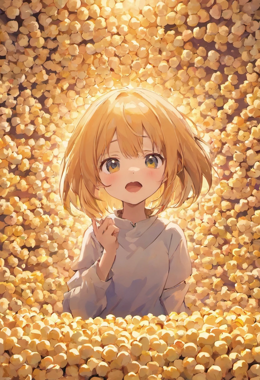Happy 3D drawn style girl shut with her face looking diagonally with her head sticking out inside a room full of popcorn, lots of popcorn --ar 16:9