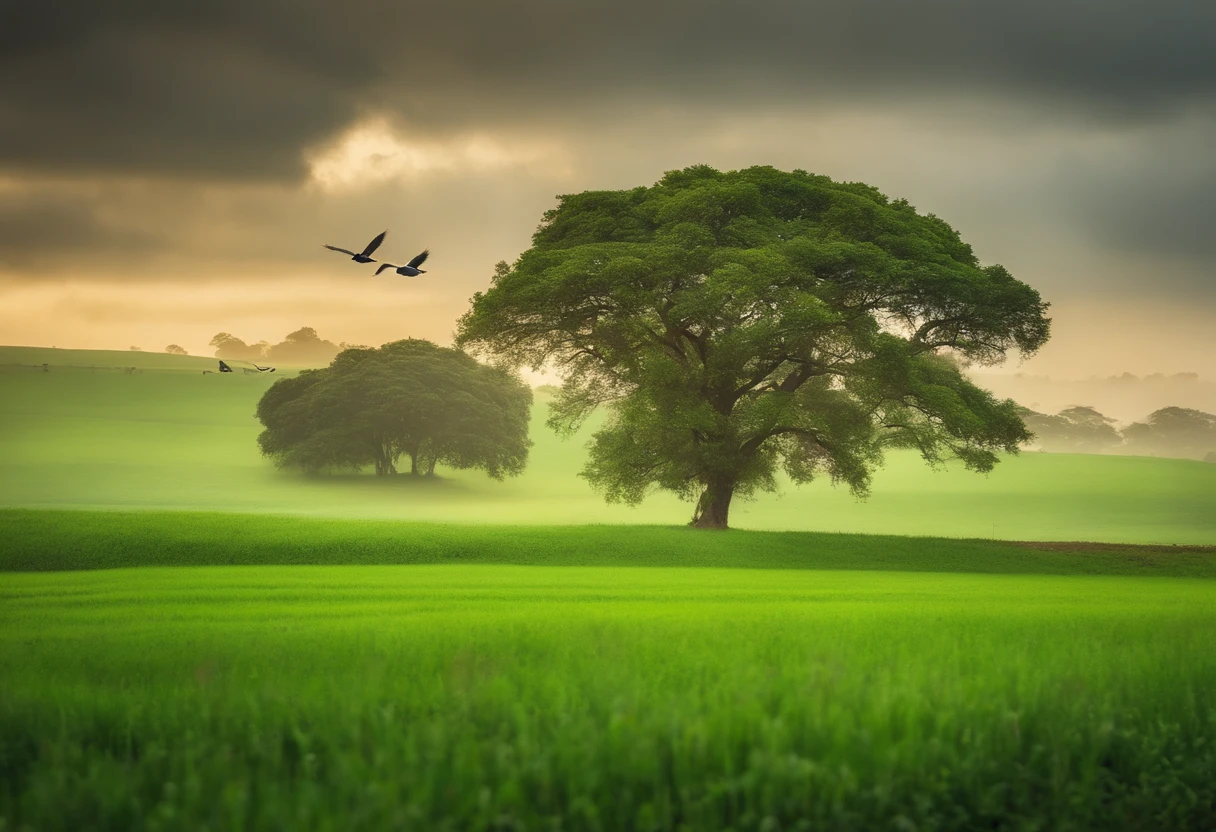 Green field with some trees and birds and the environment kind of cloudy, um rio