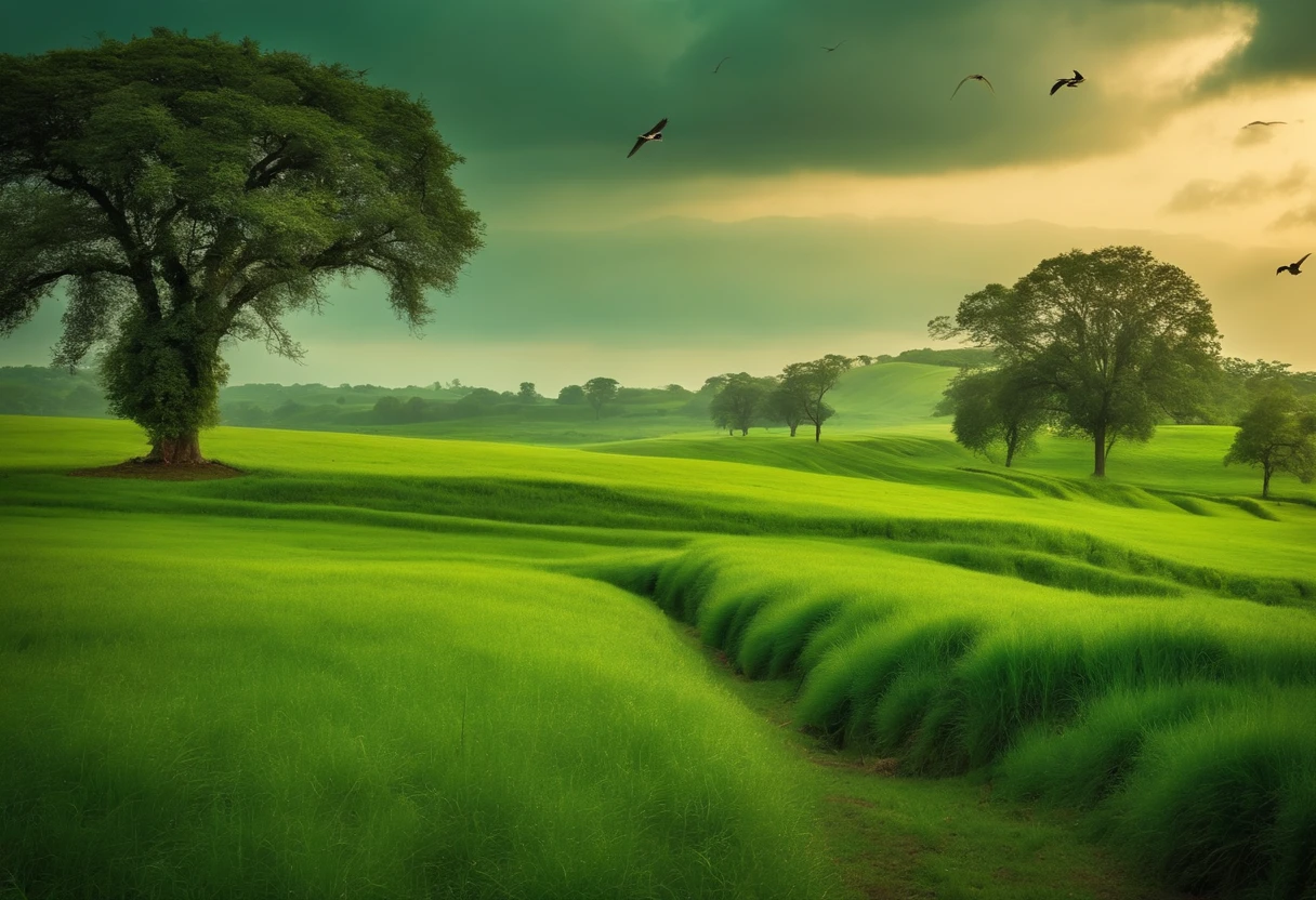 Green field with some trees and birds and the environment kind of cloudy, um rio