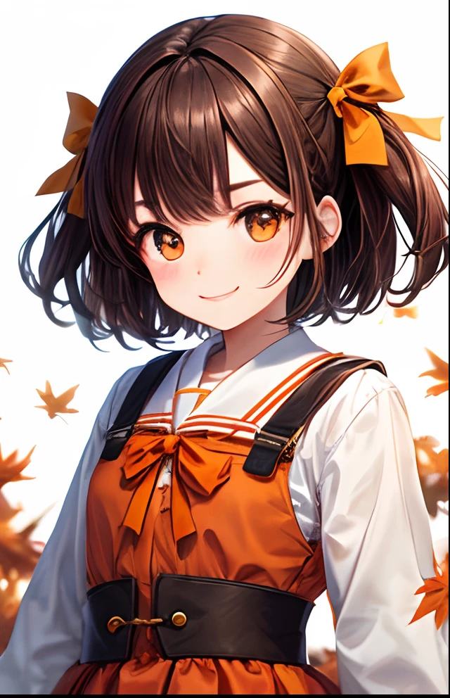 girl with、No background、without background、Background through、Brown hair、Brown hair、Twin-tailed、Two knots、Subject bangs、Pattsun bangs、Aligned bangs、Sareme、drooping eyebrows、Takuambi、Marovi、Round eyebrows、Orange-eyed、Orange Eyes、bow ribbon、Orange skirt、校服、student clothes、white shirt、autumnal、kawaii、Shy face、A smile、No background、