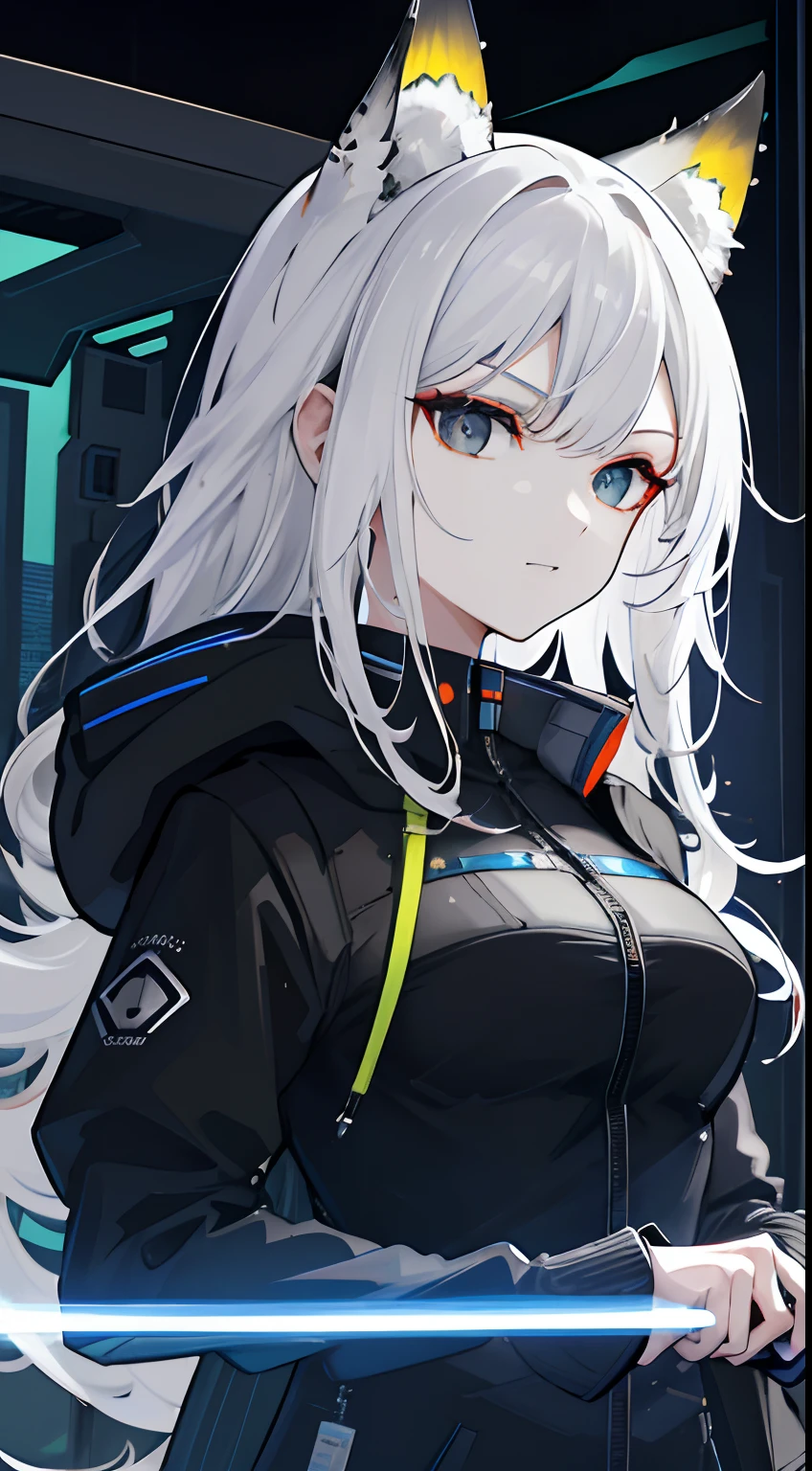 (absurdres, highres, ultra detailed), 1woman, mature female, aged up, wavy long hair, white hair, black eyes, bangs, long sleeves, finely detailed eyes and detailed face, extremely detailed CG unity 8k wallpaper, intricate details, portrait, looking at viewer, solo, (full body:0.6), detailed background, detailed face, (matrix theme:1.1) evil high-tech futuristic hacker,  advanced technology, hoodie, techwear, wearable device, keycard, cables, head-up display, blue (holographic display:1.05), access granted,   cybersecurity, server room in background, orange lights,  dark sinister atmosphere, , portrait, wind swirling