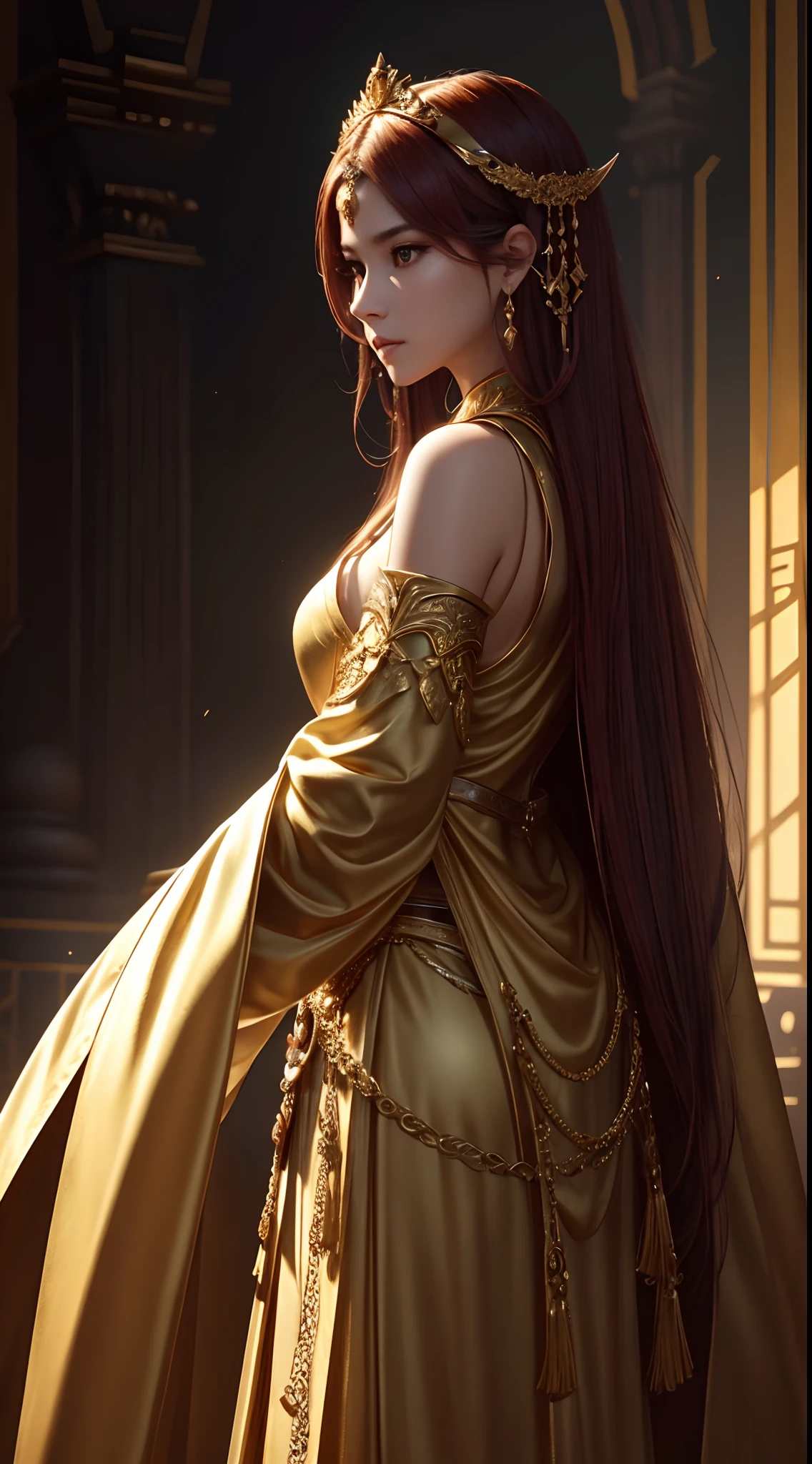 Gold and black tones、Fantasia、Babylonia、eventide、Best Quality, Very high resolution, 4K Detail CG, ​master piece、aesthetics、Mysterious、Queen of Thrones、Charisma、Ishtar, Goddess of War、Increase your fighting spirit、Invincible Great General、Be brave and bold、brave、great、rigor、Awe-inspiring Hall々、glorias、Prestige、Veteran Hero、Unparalleled beauty with a keen gaze、Rin々Right、Guardians of Lions、refinement、noble、Proud、Wearing noble jewelry、Equip your weapons、The appearance is luxurious and golden armor、cloaks、tall and slender、Long hair with fiery red hair、thirds rule、Perfect Angle、perfect-composition、low angles、Perfect light and shadow contrast、(((​masterpiece)))、(((top-quality)))、((ultra-definition))、(High Definition CG Illustration)、((extremely delicate and beautiful))、Cinematic Light、）