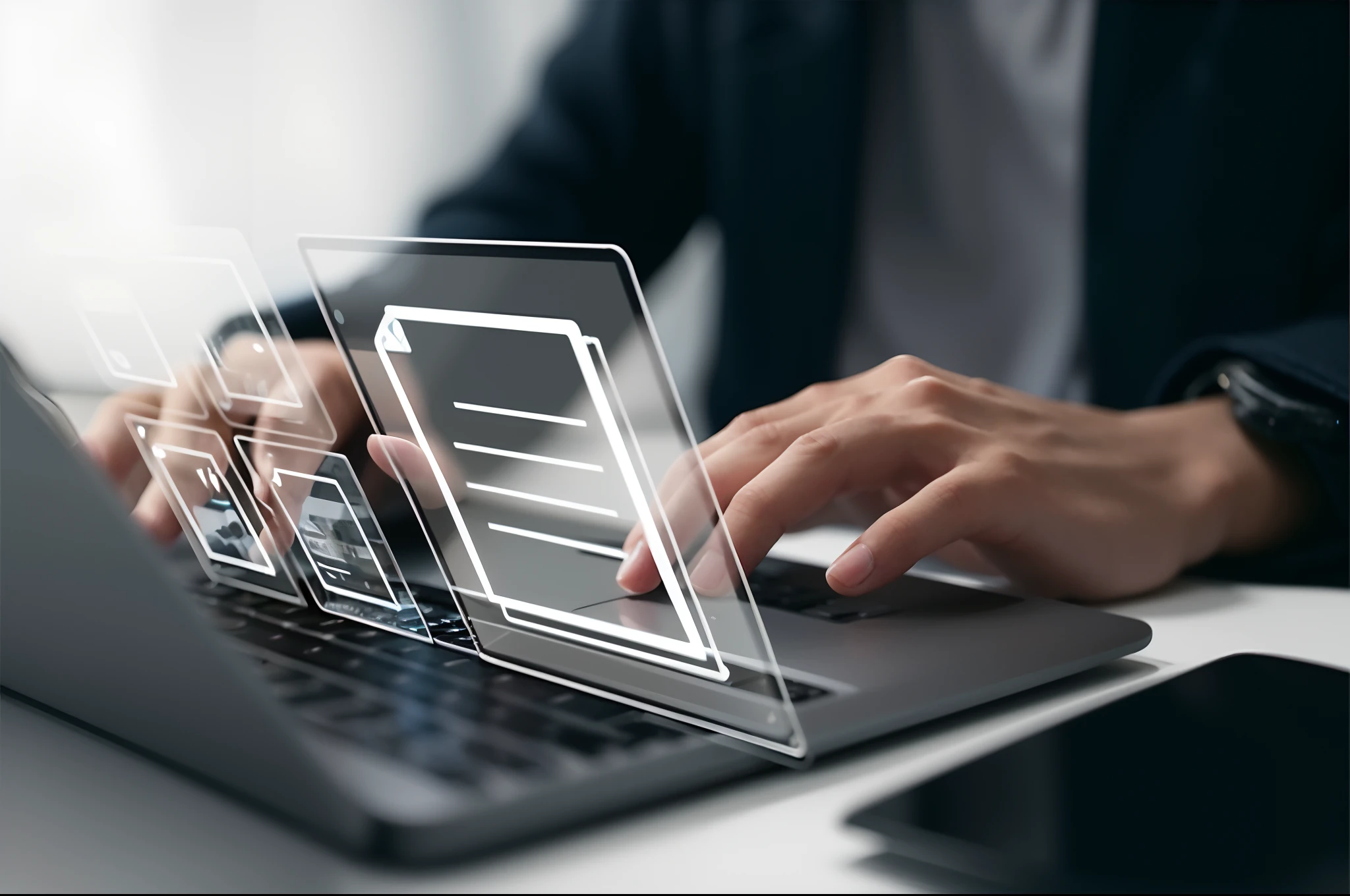 someone is typing on a laptop with a glass screen on the keyboard, digital artwork, stylized illustration, ad image, typing on laptop, on a dark background, a computer rendering, advanced technology, documents, take control of your data, digitally enhanced, a digital rendering, wide image, digital media, digital rendering, photo render, smooth technology, computer