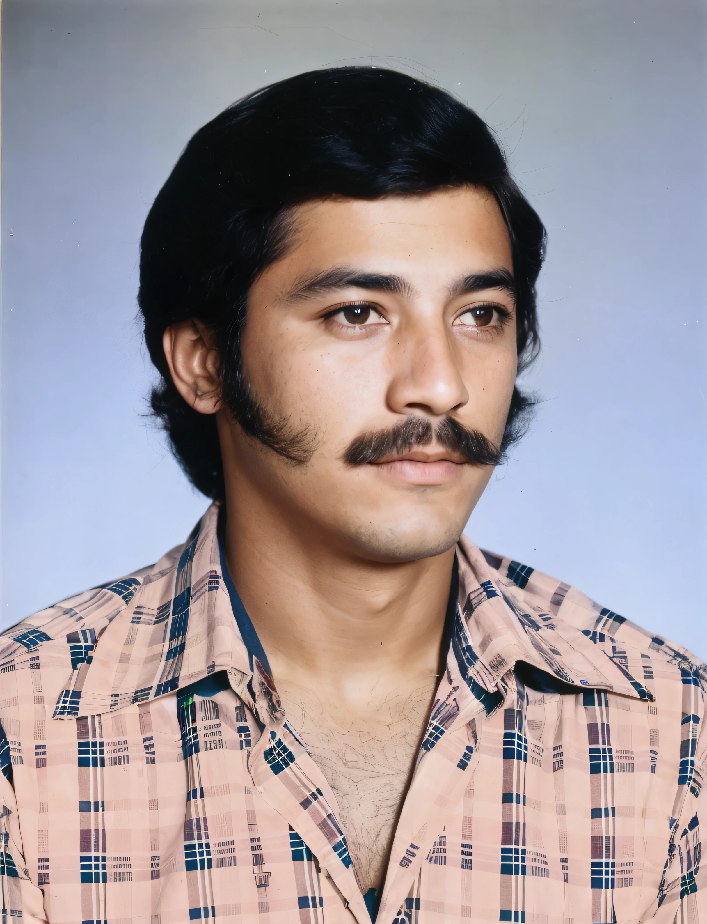 Hay un hombre con bigote y camisa a cuadros, Portrait of Danny González, from 2 to 5 years, colour portrait photograph, en 1 9 8 5, around 1 9 , Bigote mexicano, Retrato de estudio en color, Retrato en color, 1 9 7 5 foto, taken in the late 1970s, photo from the 70s, Foto del 7 0 s