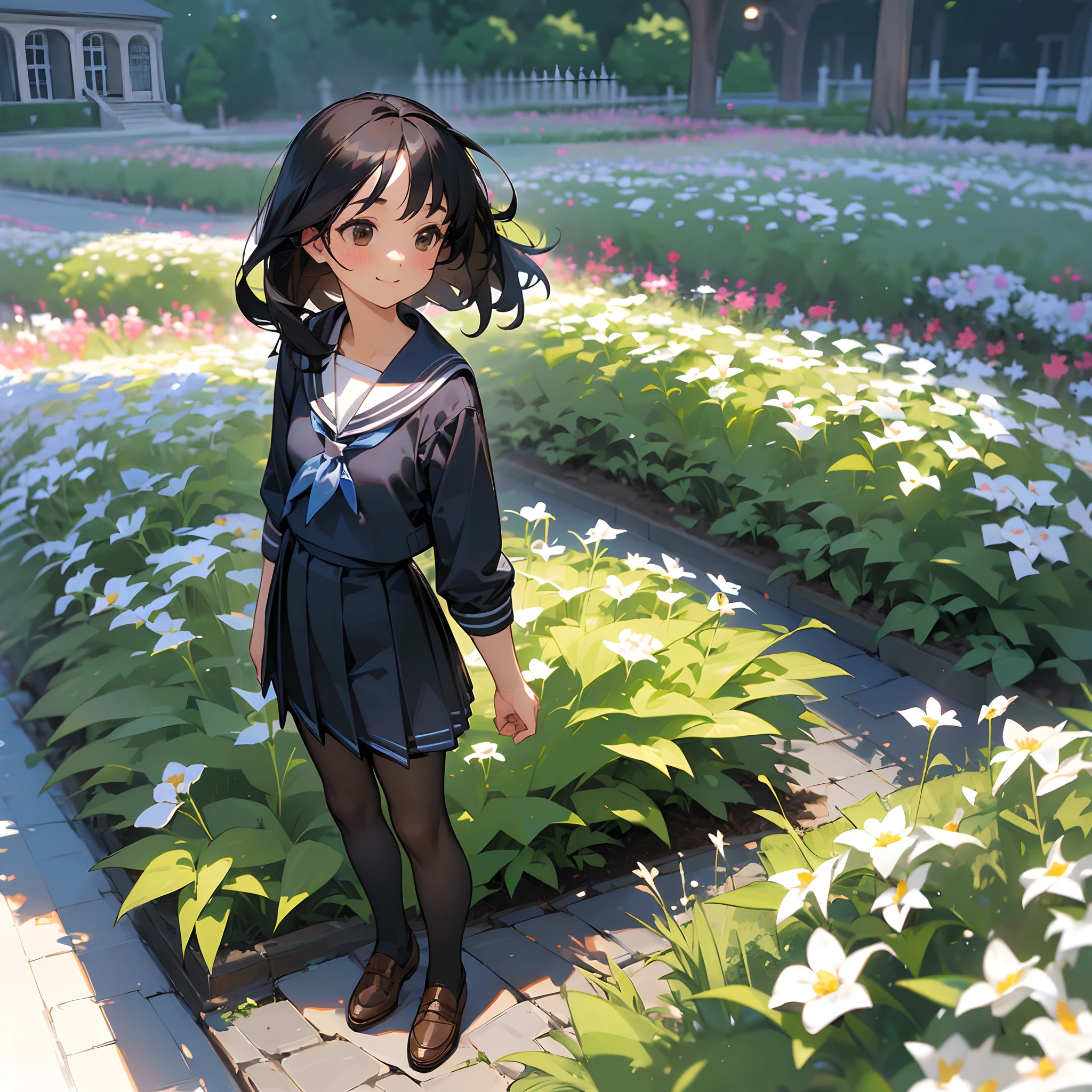 (Best Quality, hight resolution, Ultra-detailed, Realistic:1.37), peaceful ambiance, (plein air, garden), age girl standing alone, Beautiful detailed features, Cute smile, ((Black bob hair)),Navy blue sailor suit, Pleated skirt,Black tights,Brown leather shoes.