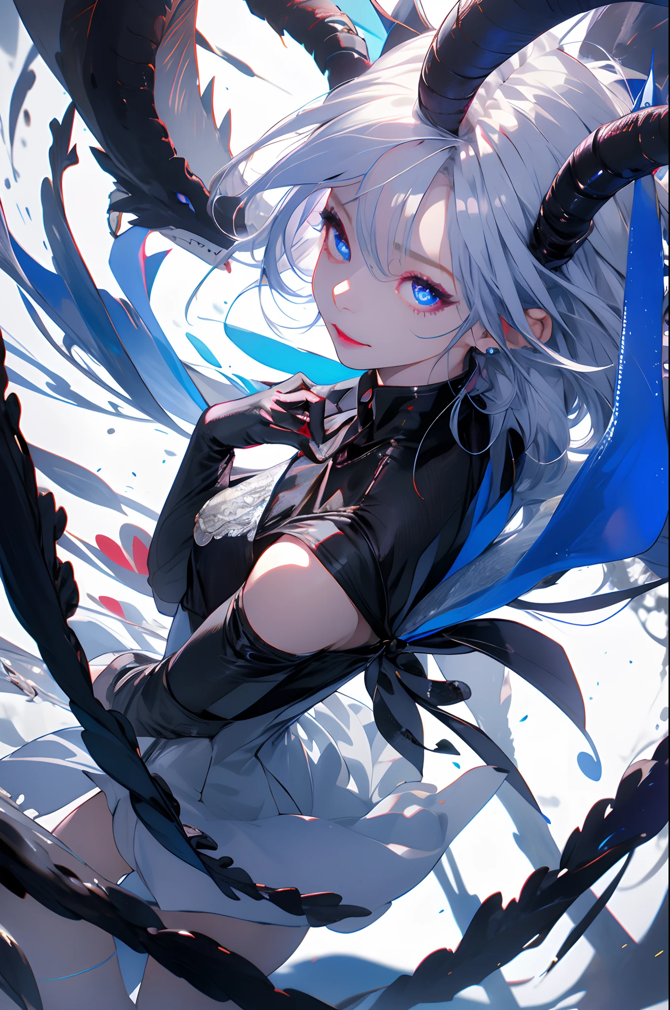 【Best quality】1 girl (mature: 1.4) 130mm f1.4 shots 1 girl one-eared heart-shaped pupil micro dress demon girl flat chest seen from above Devil's wings Colored hair Silver hair Blue hair Colorful eyes