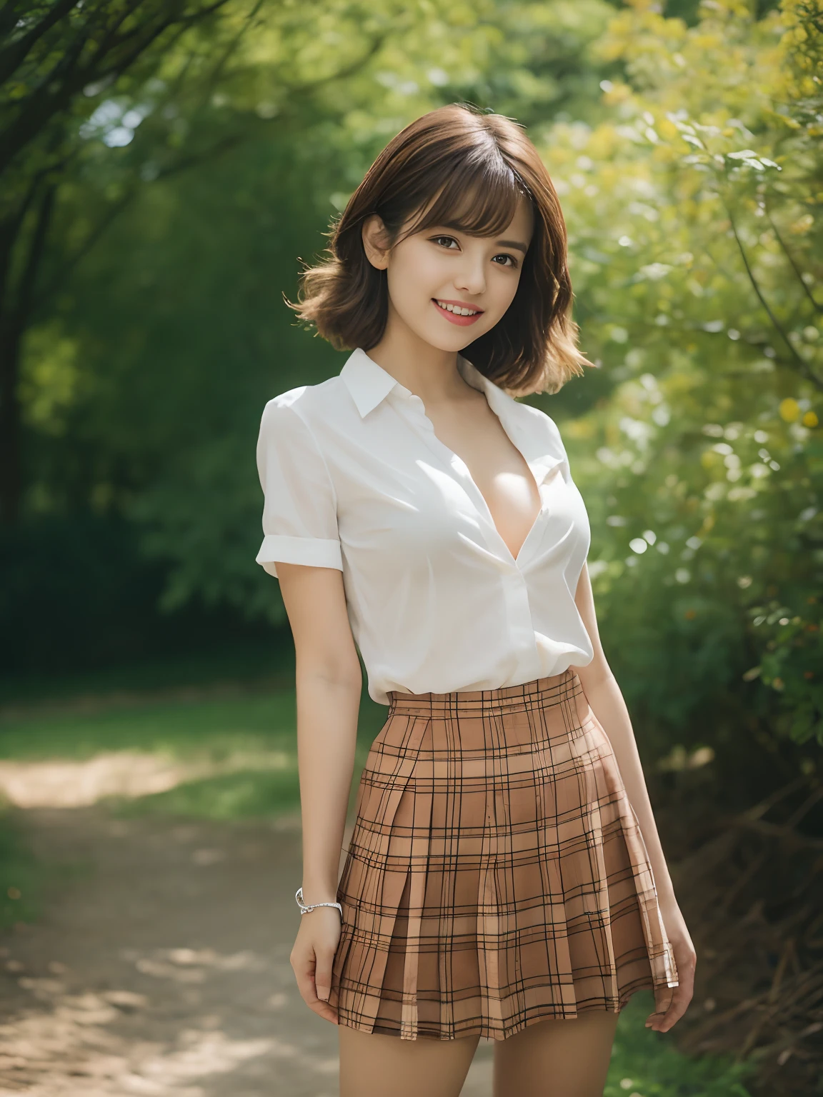 nsfw, 8K raw photo, Best quality, masterpiece, ultra high res, film grain, filmg, 1girl, looking at viewer, natural skin texture, realistic eye and face details, full lips, lipstick, (makeup), red eyeshadow, fluffy short hair, messy hair, smile, close mouth, beautiful legs, tall female, skinny, slim_legs, solo, enormous , cleava with buttocks facinltra short skirt, ass, shirt, beautiful ure location, around flower location, (detailed background), plaid skirt, white shirt, enormous breast, cleavage, Show a  cleavagh the shirt, loafers, blkground, blurry, holding, plaid, short sleeves, jk ribbon on the neck, jk ribbon, brown hair, bracelet, water, bangs, school uniform, jewelry, parted lips, lips, from side, pleated skirt, depth of field