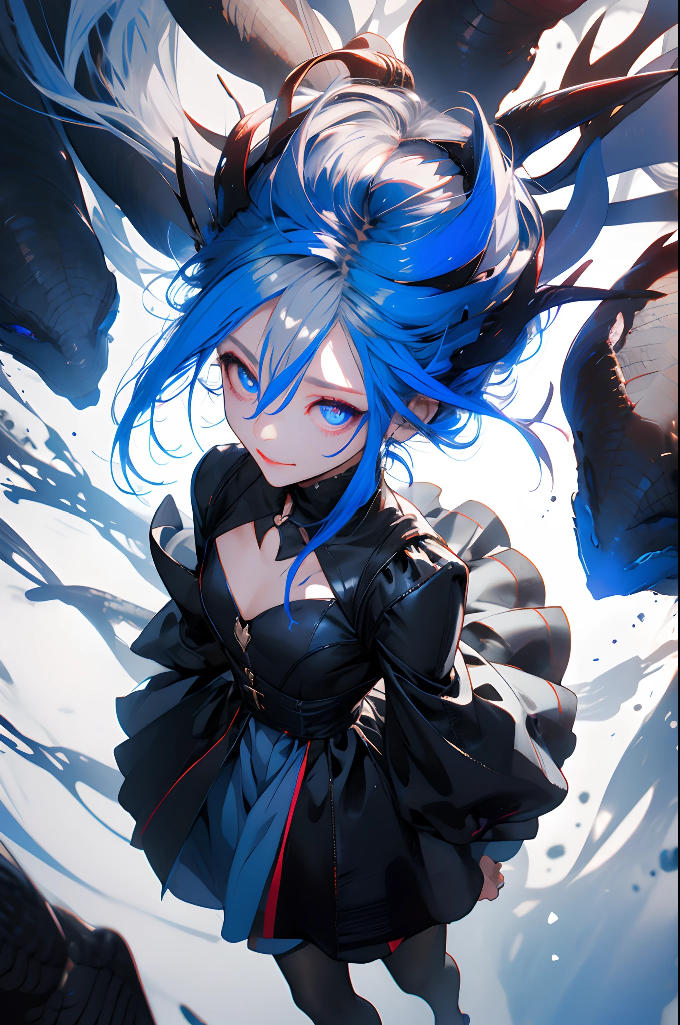 (highest quality:1.2, Very detailed, up to date, Vibrant, Ultra-high resolution, High Contrast, masterpiece:1.2, highest quality, Best aesthetics), (((1 girl))), ganyu \(genshin impact\), Purple eyes, long hair, light blue hair that ends in shades of darker blue, long ponytail, Brownish horns with red engravings, turn backwards, alternate costume, sexy witch costume, Mature Woman&#39;Body, Seductive body lines, Tight waist, Witch Robe, Witch Hat, An elegant robe with a blue and black design., Skirt with slits, High quality lace dress, gem, Detailed decoration, white tent, Decorated white flowers, Dark Color Palette, Insufficient lighting, witch&#39;s potion, Magic circle and tapestry hanging on the wall,