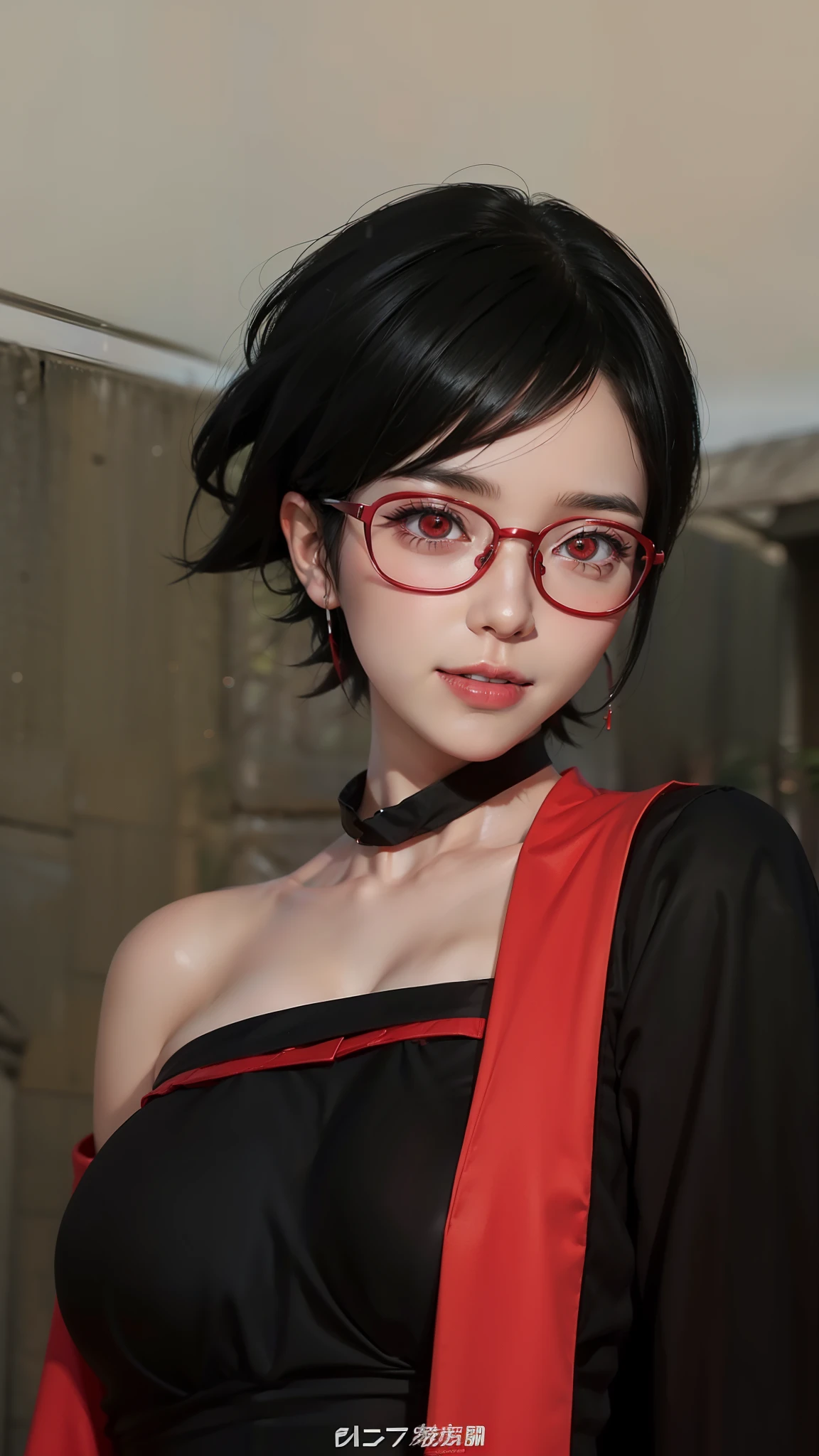 1girl, sarada uchiha in anime boruto, short hair, black hair, red eyes, smile, beautiful, sexy dress, sexy clothes, red clothes, wear red glasses, very big breast, realistic clothes, detail clothes, outdoor background, ultra detail, realistic