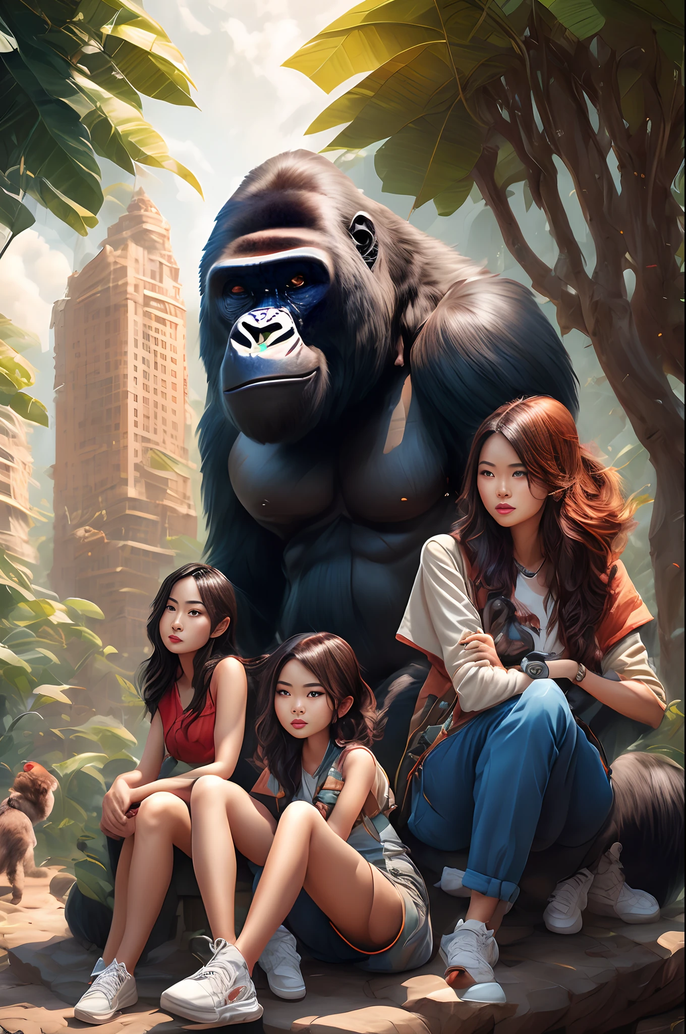 there is a woman and a girl sitting on a bench in front of a gorilla, artgerm and atey ghailan, inspired by Rudy Siswanto, ross tran 8 k, wlop and ross tran, cyril rolando and goro fujita, realism artstyle, rossdraws global illumination, by Rudy Siswanto, wojtek fus