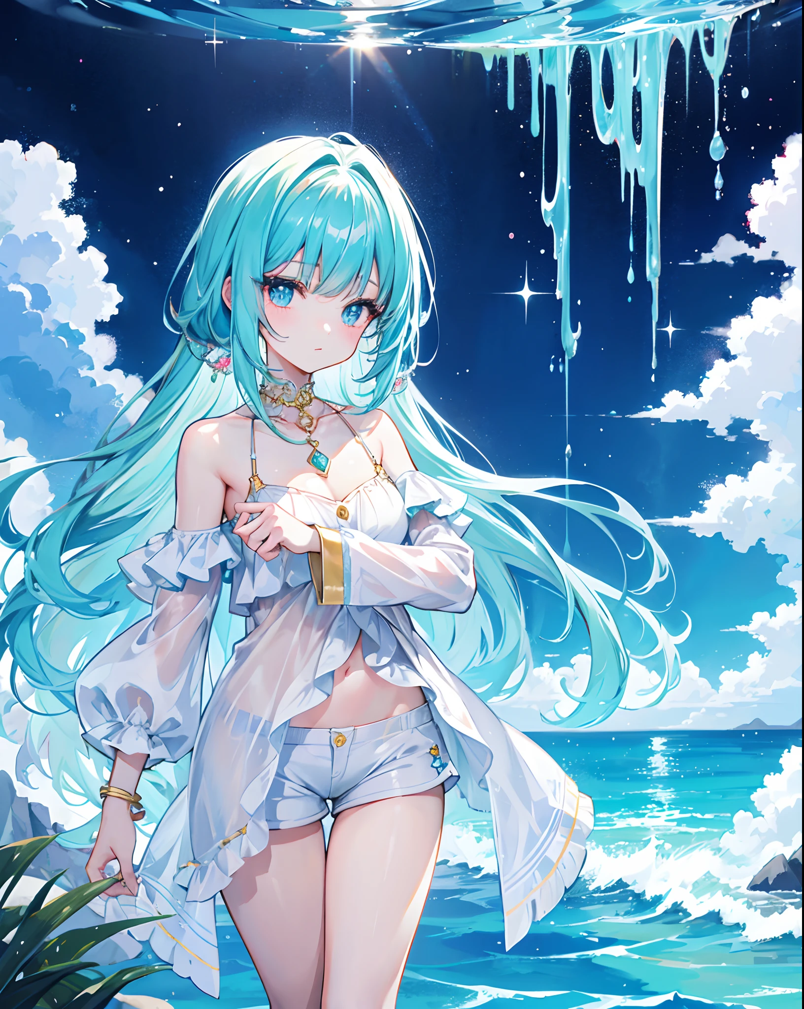 digital art, soft and fantasy style, an anime girl, pretty face, pretty hair, (glittery hair), deep ocean colored hair, shining ocean-like eyes, looks very confident and bright, not NSFW, wearing fantasy tops and shorts, (VERY glittery), wearing a lot of cute jewelry, glittery jewelry, omit ugly hands, standing, in next to a swimming pool, soft and cozy atmospheres