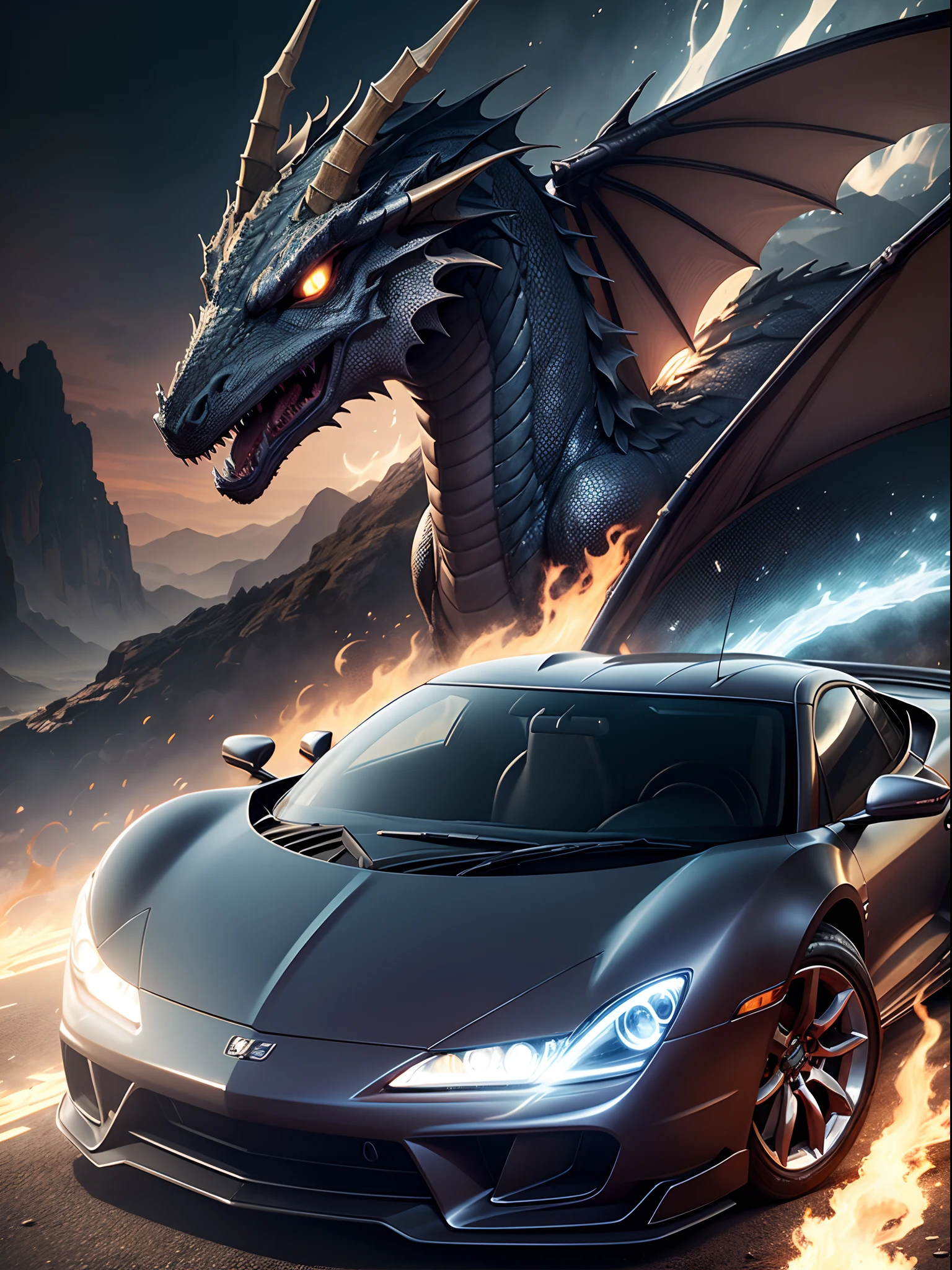Carro esportivo, background dragon, noite