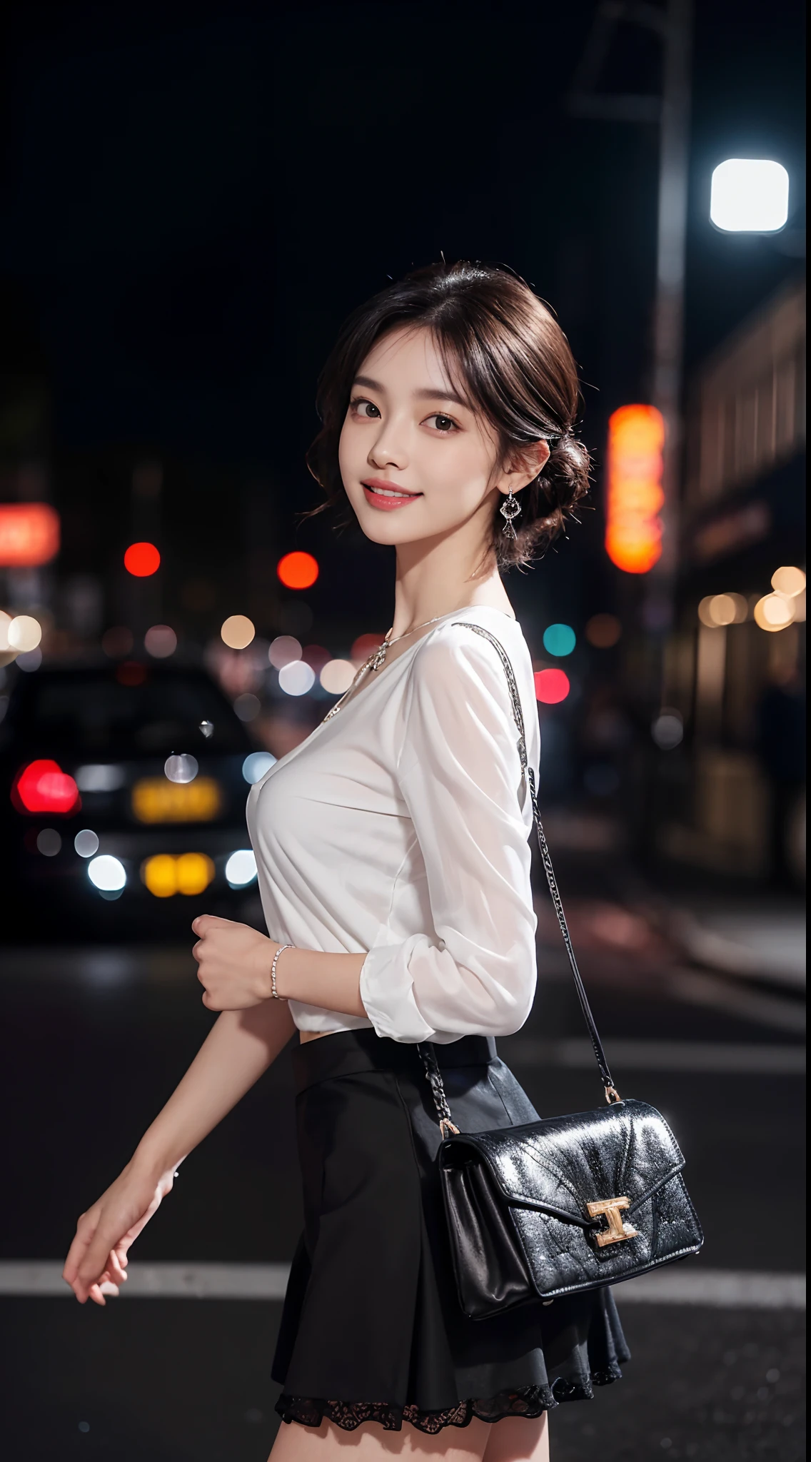 8k, masterpiece, RAW photo, best quality, photorealistic, extremely detailed CG unity 8k wallpaper, Depth of field, Cinematic Light, Lens Flare, Ray tracing, (extremely beautiful face, beautiful lips, beautiful eyes), intricate detail face, ((ultra detailed skin)) 1girl, in the dark, deep shadow, pretty korean girl, kpop idol,(very slim slender fit-muscled body:1.3), ((looking at viewer)),(big smile:1.3), (night, (neon sign), (blurry background), midnight, (without people in the background:1.3), pretty korean girl, white diamond earrings, bracelets, necklace, clear eyes, walking , front shot, (pale skin), face forward, (big eyes), full body shot, ((see through blouse)), (hot pink color blouse)), ((laced skirt)), (looking at viewer:1.3), very slim, medium breasts, Hermes bag, tight mini skirt, updo hair, short hair, medium butts