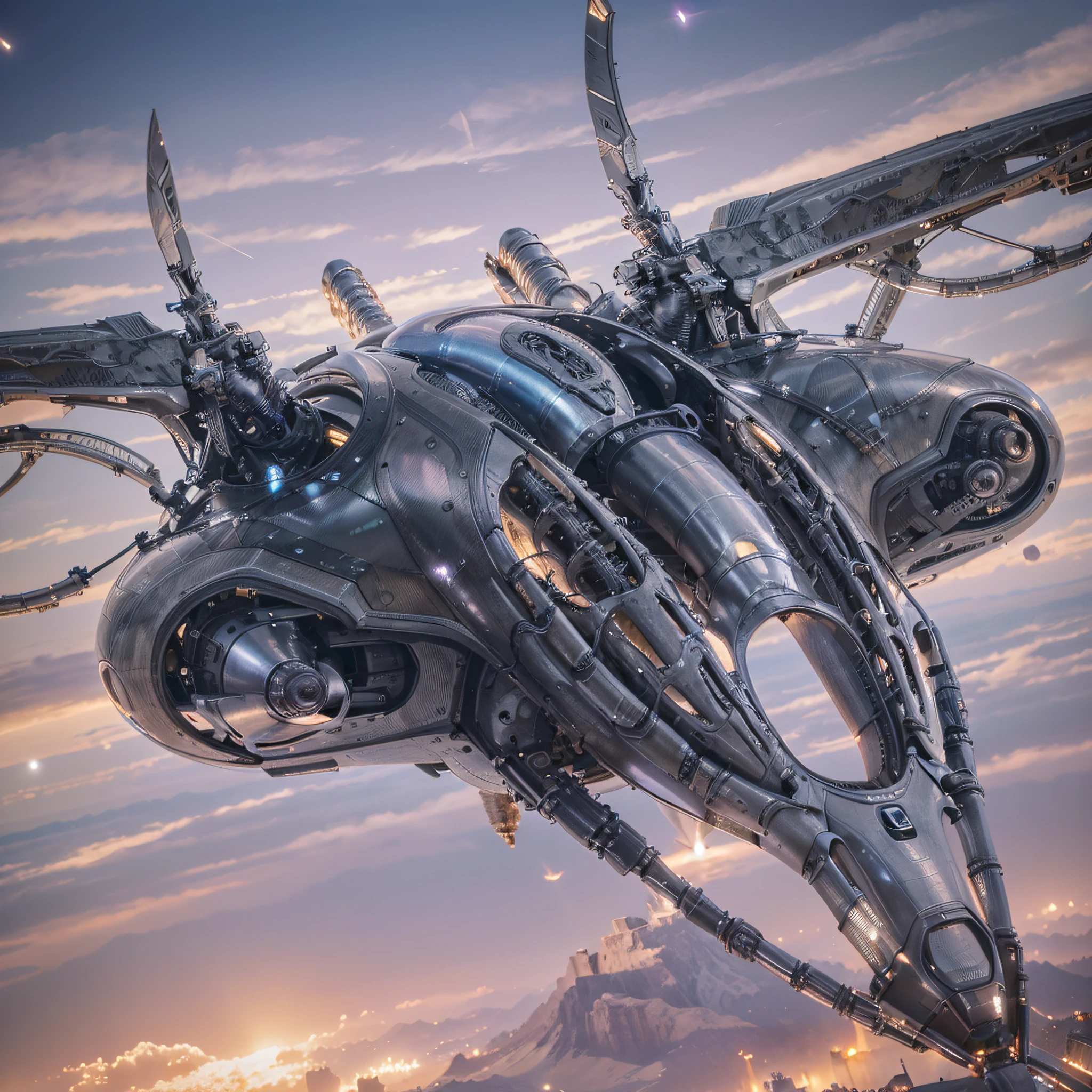 futuristic aircraft Biomechanical metallic highly stylized insectoid shape, gray color with purple details, this one in space you can see the earth in the background, Ultra detailed, Hyper realistic, 4k, Ultra detailed image, realistic, Highly detailed, perfect composition, beautiful intricately detailed incredibly detailed, 8K fine art photography, hyper detailed, Masterpiece