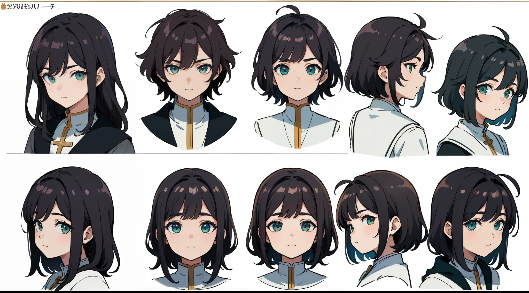 ((Masterpiece, Highest quality)), Detailed face, character sheets, full bodyesbian, 1boys, Green eyes, Black hair, short detailed hair, Messy hair, ((pointy hair)), hair between eye,White priesthood dress,Full of details, Multiple poses and expressions, Highly detailed, Depth, Many parts