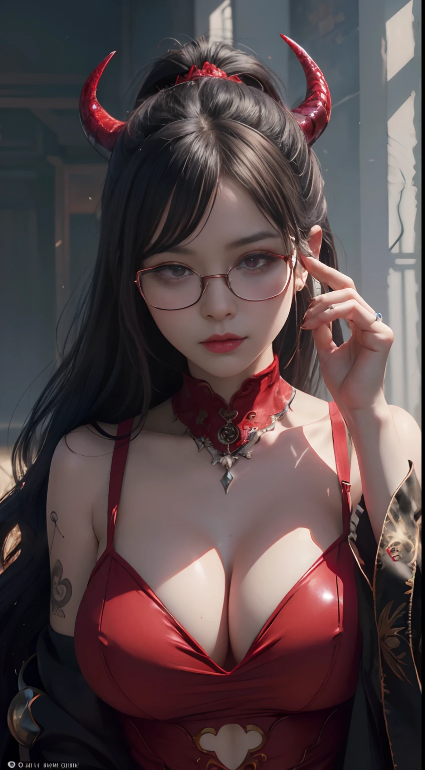 Fine、(The best illustrations)、8k UHD resolution、intricate-detail、top-quality、realisitic、ultra-detailliert、The best lighting、Best Shadows、Soft lighting、Ulutra HD、Ultra-realistic、Tindall Effect、Photorealsitic、(High Detail Skins:1.2)、 (Intricate details, makeup, pureerosface_v1:0.5), (Detailed beautiful delicate face, Detailed beautiful delicate eyes, A perfectly proportioned face, High detailed skin, Detailed skin, best ratio four finger and one thumb, arms below breasts, Tattoo with a red glow under the stomach、Awesome awesome, wide hips, smooth midriff, skiny and thin, __Fashion__, __hair__:1.25)、Digital SLR、 absurderes、1 beautiful devil woman from hell, surreal female portraits by David Hockney and Alphonse Mucha, Portrait of a seductive woman、Fantasy Art, Chinese Doll、Chinese actress、Dungeon、The dragon、Devil's Palace、Devil's Torture Chamber、natta、Dark style 、In the Dark、(Detailed spooky backgrounds:0.8), magia、 女の子1人、Evil Nun、Dark Necromancer、Succubus、Devil's Daughter、Umi Shinonome、Bat Wings，(((Demon Horns)))、 ((((Huge glasses, Otaku Glasses, thick glasses, Round glasses)))),(((Colossal tits)))、(Devil's Tail)、(red eyes glowing:1.6)、red eyes make up very sharp and detailed, The eyes are very well made up, ((Red Eye:1.0)),intricate tattoos, demonic intricate tattoos, thigh tattoos, body tattoos, ​masterpiece、The most beautiful face、a baby face、Charming smile、plump beautiful red lips、Muscular seductive body、The enchanting body of the devil、devil style、Seductive Black Magic Costume、(((A shiny red snake is wrapped around her body)))、Longhaire、Braids、Black hair、Ponytail distortion、, Ponytail with a bow tied at the back of the hair, Beautiful expression、Body Up、Large breasts emphasis、Bust,  Super tight breasts, Breast augmentation surgery, The breasts are very big and round and round,Toned waist、Wide buttocks、 lowkey, cowboy lens, (red phoenix dress: 1.0),  devil crown,  Red sparkling gemstone necklace、Jewelry Gwise,  wearing black mesh socks,wearing a thin red and black
