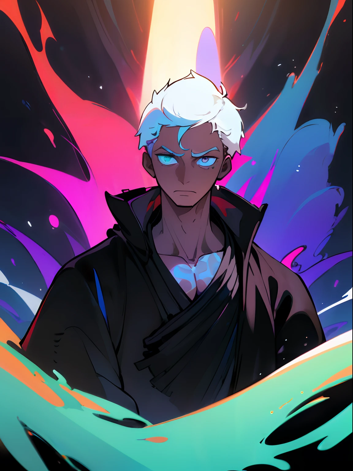 Cyberpunk male, fantasy world, dark background, clean design, artstation, colorful paint splatter, silhouette, hyper detailed intricate details, unreal engine, fantasy, intricate details, splash screen, complementary colors, Fantasy concept art, heavy strokes, paint dripping, (isolated on white background: 1.3), rainbow skin, (((handsome young man))), ((teenage:1.5) ), (glowing blue eyes), ((light eyes)), ((((short white hair: 1.1))), ((black clothes)), (prince\\(indifferent expression\\),, ( ((Wears high detail luxurious black robe))), white hair, (chest)
