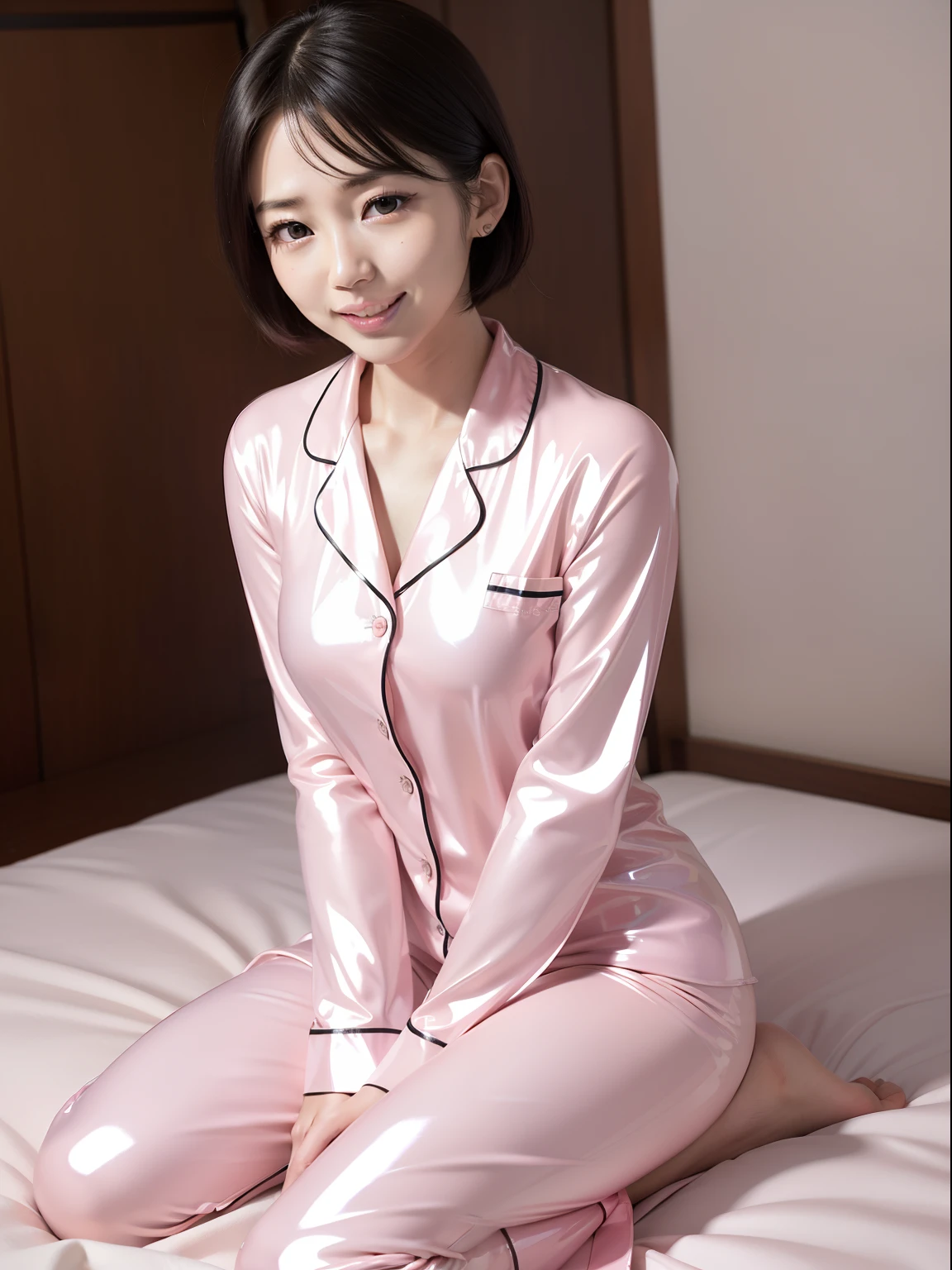 masutepiece,A hyper-realistic,32K,the Extremely Detailed CG Unity 8K Wallpapers, Best Quality,(beautiful japanese female),short-hair,((Light Pink Latex Pajama)),turtle neck,Cramped dresses,Skin fit,(low angles), Flashy makeup,(Film Overlay:1.3),Mouth open,A smile,Gichigichi