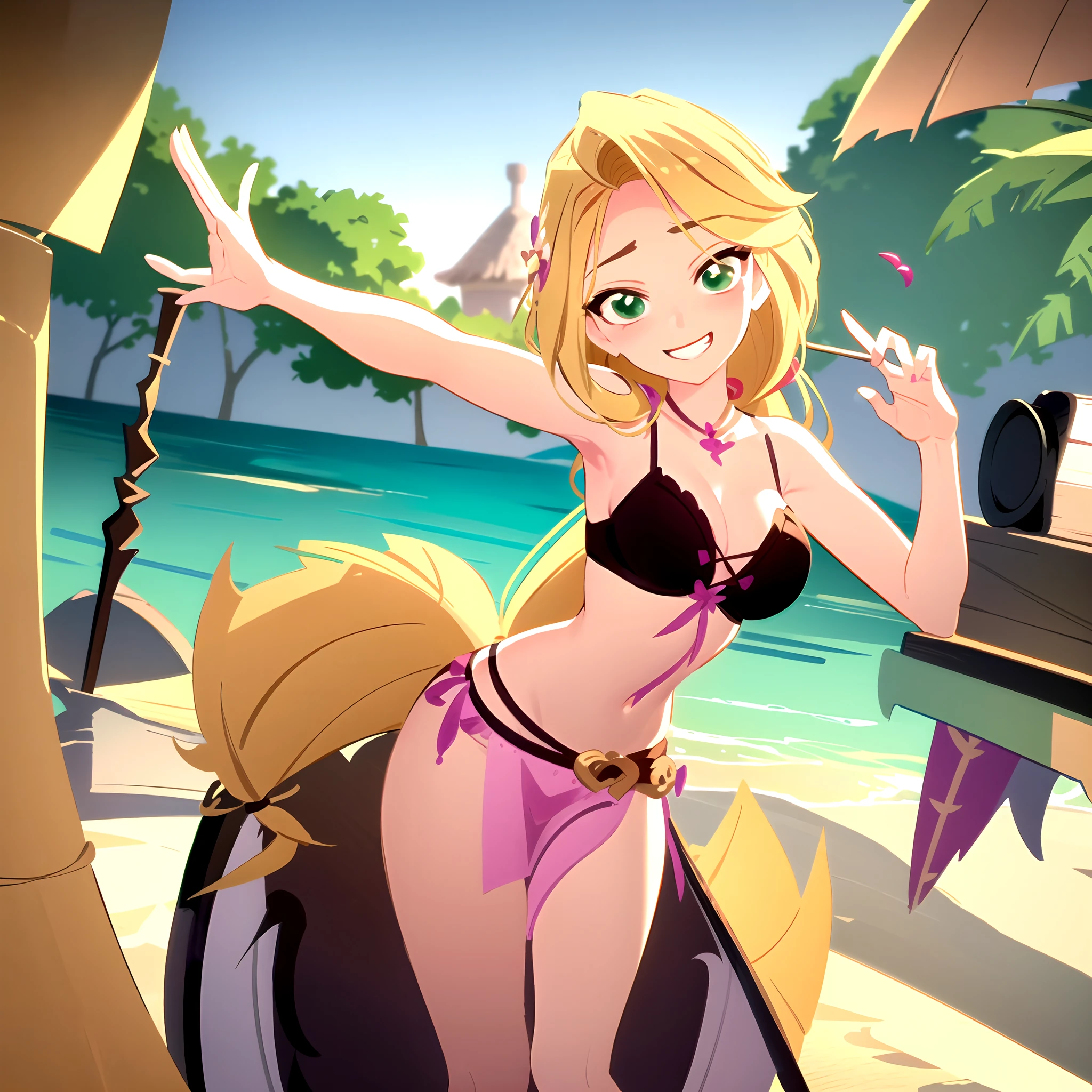 Rapunzel winks at the camera with a cute smile while leaning forward making a seductive pose. sexy rapunzel, (loose _hair: 1.9), winking at camera, cute smile, hourglass figure, green island outfit, cute smile, outdoors, beach