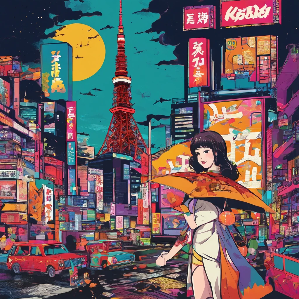 Japan girl、Tokyo Tower in the background、Night city、