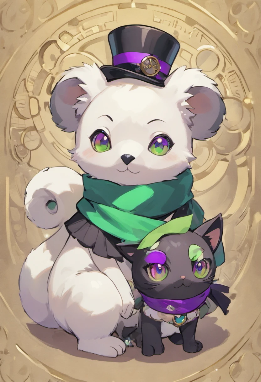 A steampunk koala and a porcelain black cat with purple eyes and a green scarf