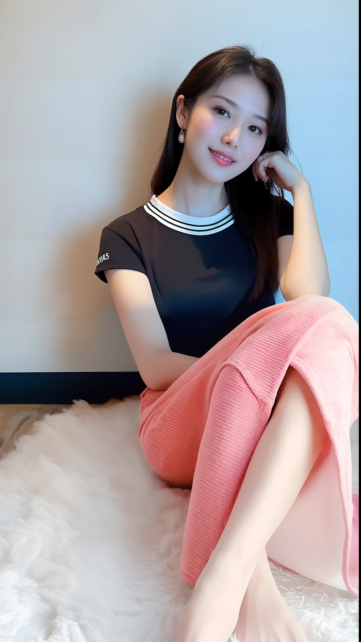 There was a woman sitting on a white carpet，legs crossed, Pink clothes, ((Pink)), Shot on Canon EOS R 6, some pink, Pink skirt, full - length view, sit on a bed, taken in 2 0 2 0, sitting in bedroom, pink and black, Sitting on the bed, sitting on her bed, Pink, Attractive pose