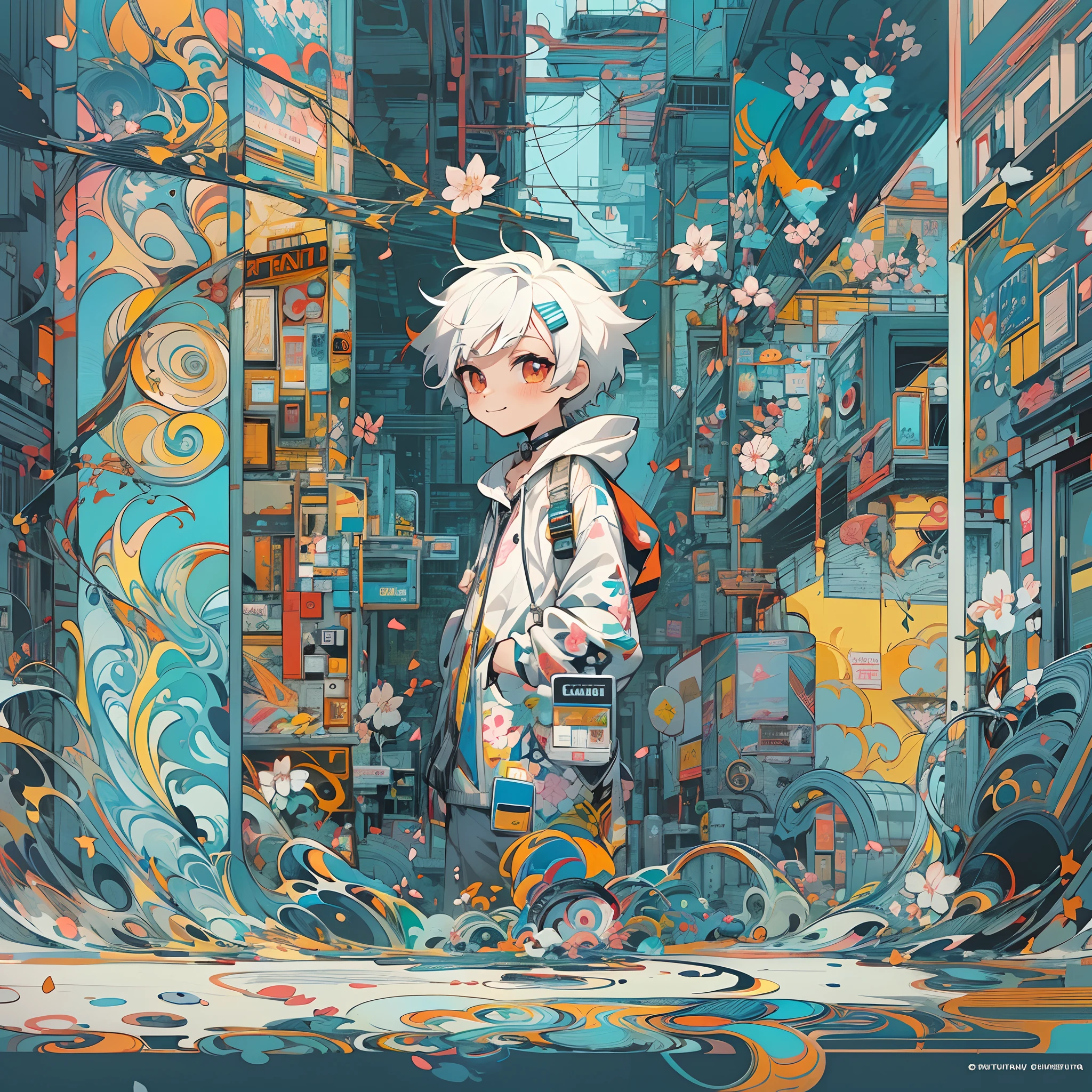 ultra-quality, ( ultra detailed original illustration), ((Chibi Mode)),( Happy look of a boy, Red Eye, Short hair, White hair, Sunny Smile, Upper body, Perfect body), ((street wear,Parker Fashion)), ((cherry blossom)(Graffiti)), double exposure, fussion of fluid abstract art, glitched, ( 2D), ( original illustration composition), ( fusion of limited color, maximalism artstyle, geometric artstyle, fire, junk art), Yellow theme, Background black, ultra-quality, ( ultra detailed original illustration), ((Chibi Mode)),( Happy look of a boy, Red Eye, Short hair, White hair, Sunny Smile, Upper body, Perfect body), ((street wear,Parker Fashion)), ((cherry blossom)(Graffiti)), double exposure, fussion of fluid abstract art, glitched, ( 2D), ( original illustration composition), ( fusion of limited color, maximalism artstyle, geometric artstyle, fire, junk art), Yellow theme, Background aqua, 1 boy,star-shaped pupils,Fingernails,White hair,Purple eyes,(blush:1.1),Choker,Upper body,trembling,sideways Facing,kirakira,(SPEEDLINE:1.1), Black hoodie,Handsome man in profile,Lineart color,Man with a book,frontage,Book in hand