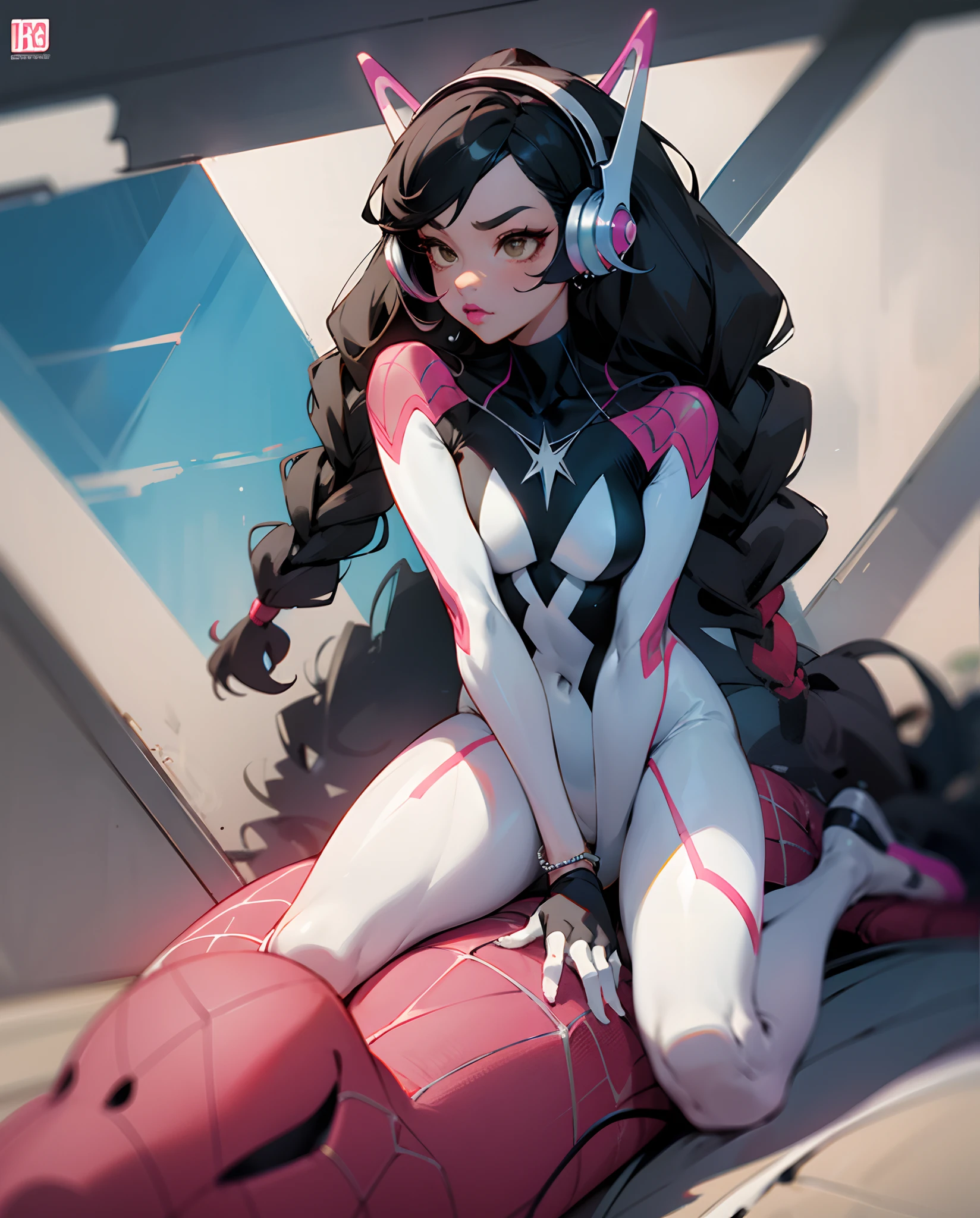 Spiderverse character [woman] with [white and black ] hair ,[long], [braided hair], [light brown] eyes, [white] bracelets , [17] years old, [black]  African American,  [female] ,  [silver] piercings, septum piercing, [green] and [white] suitbsuit, on top of a [building] , pouting, white headphones, star necklace, spiderverse comic