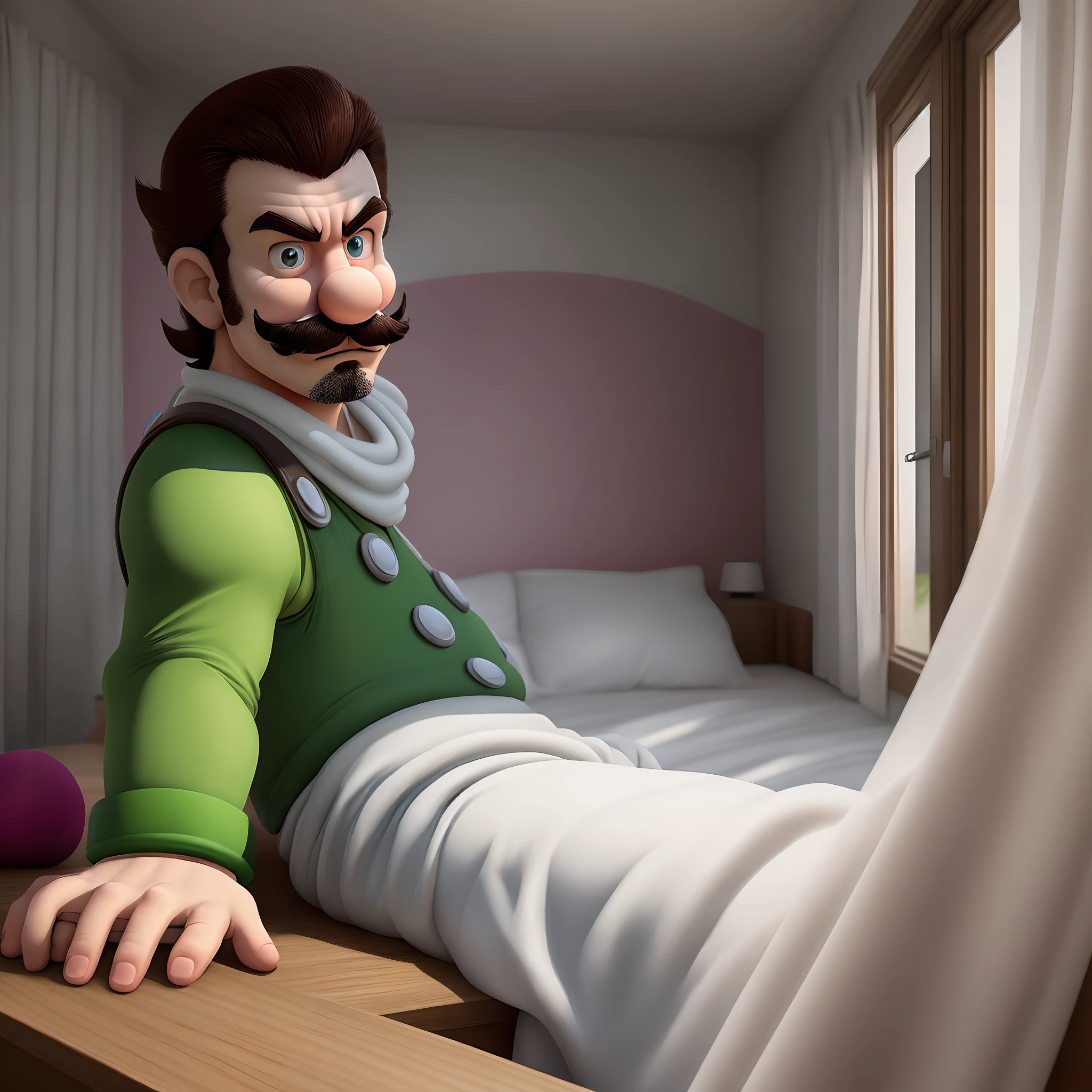 hyper realistic Luigi from super Mario in his room sitting on his bed while it's raining outside the window and he looks sad and he's