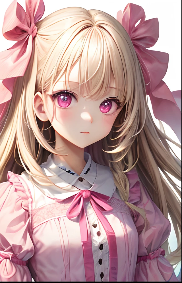 girl with、No background、without background、Background through、White blonde、Pink gradient、Pink mesh、Pink ash、Pink eyes、Pink eyes、Small double knot、Twin-tailed、Two knots、bow ribbon、White and pink dress、onepiece、kawaii、without background