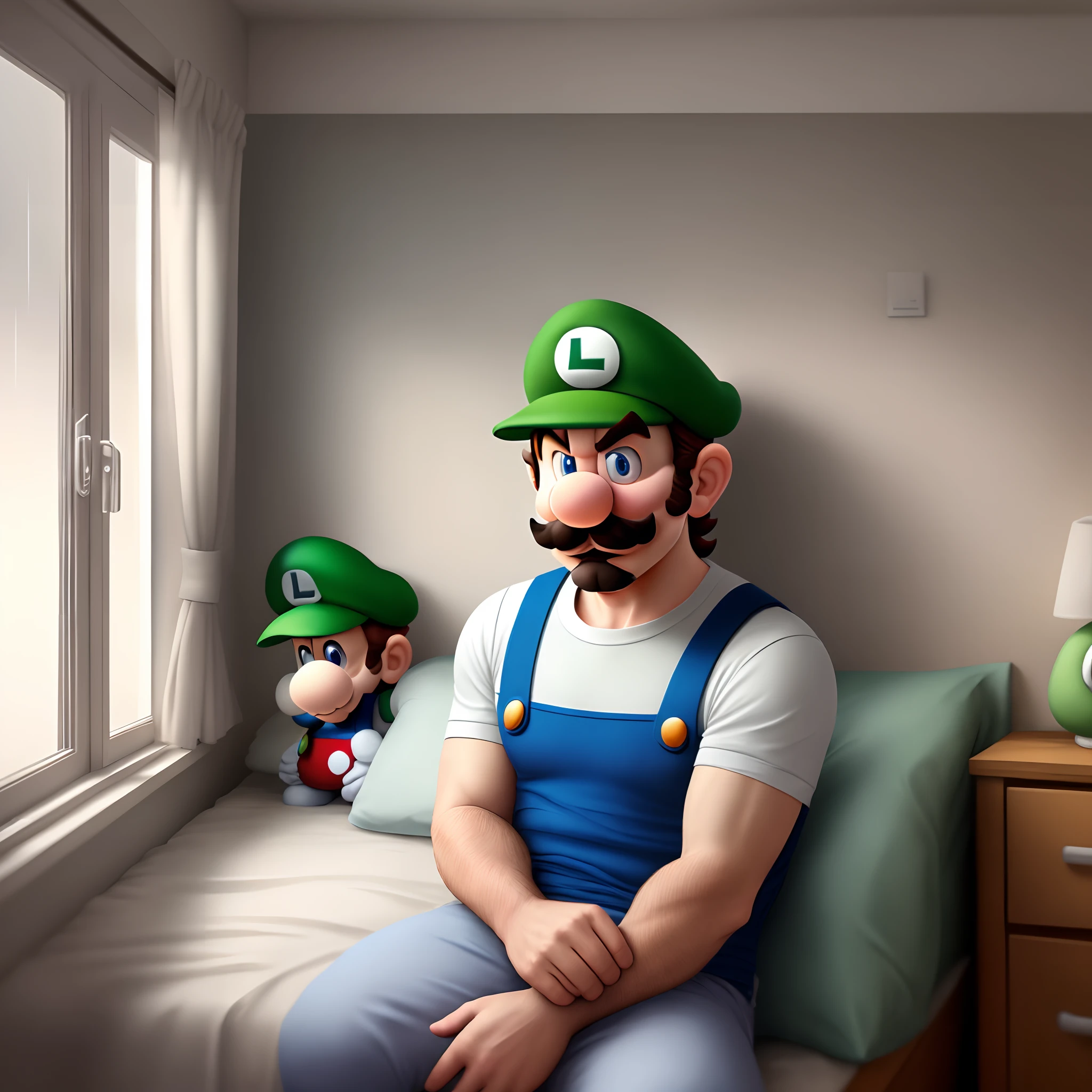 hyper realistic Luigi from super Mario in his room sitting on his bed while it's raining outside the window and he looks sad and he's