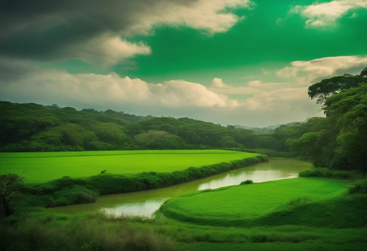Green field with some trees and birds and the environment kind of cloudy, um rio, um jardim florido, um rio com aguas cristalinas
