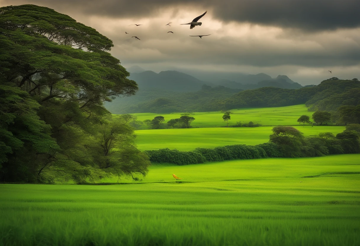 Green field with some trees and birds and the environment kind of cloudy, um rio, um jardim florido, um rio com aguas cristalinas