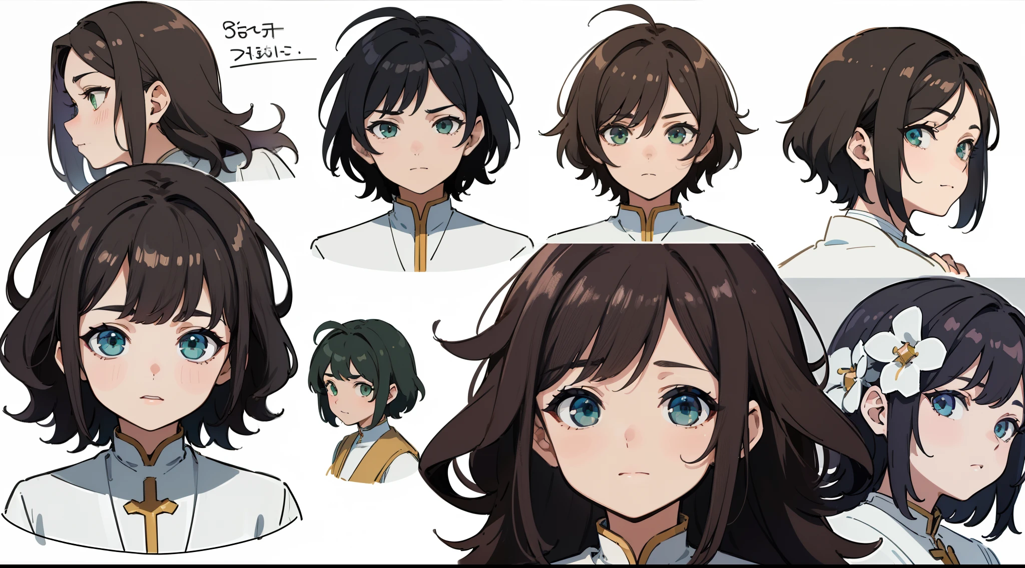((Masterpiece, Highest quality)), Detailed face, character sheets, full bodyesbian, 1boys, Green eyes, Black hair, short detailed hair, Messy hair, ((pointy hair)), hair between eye,White priesthood dress,Full of details, Multiple poses and expressions, Highly detailed, Depth, Many parts