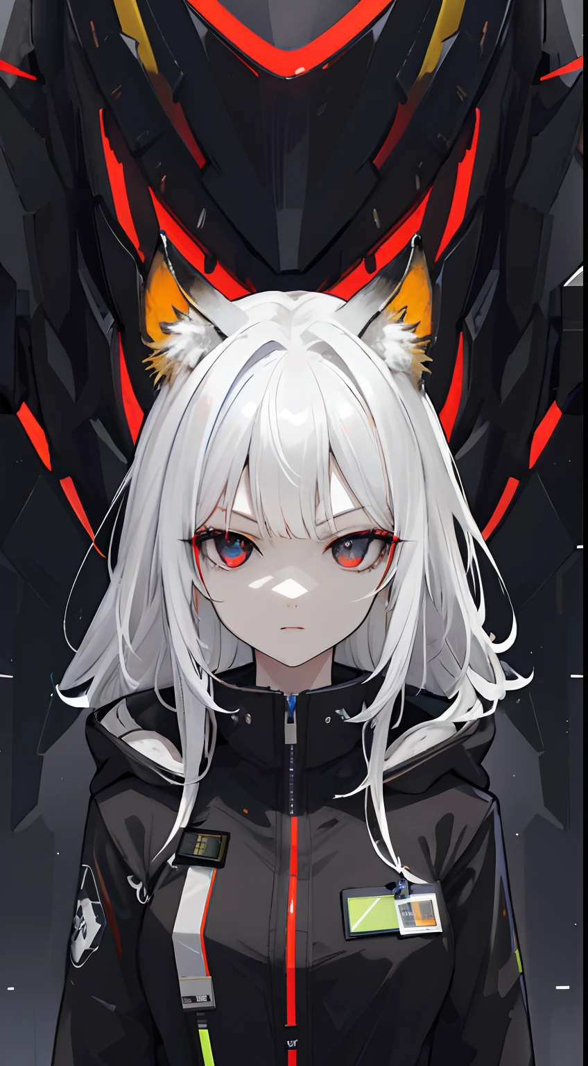 (absurdres, highres, ultra detailed), 1woman, mature female, aged up, wavy long hair, white hair, black eyes, bangs, long sleeves, finely detailed eyes and detailed face, extremely detailed CG unity 8k wallpaper, intricate details, portrait, looking at viewer, solo, (full body:0.6), detailed background, detailed face, (matrix theme:1.1) evil high-tech futuristic hacker,  advanced technology, hoodie, techwear, wearable device, keycard, cables, head-up display, blue (holographic display:1.05), access granted,   cybersecurity, server room in background, orange lights,  dark sinister atmosphere, , portrait, wind swirling