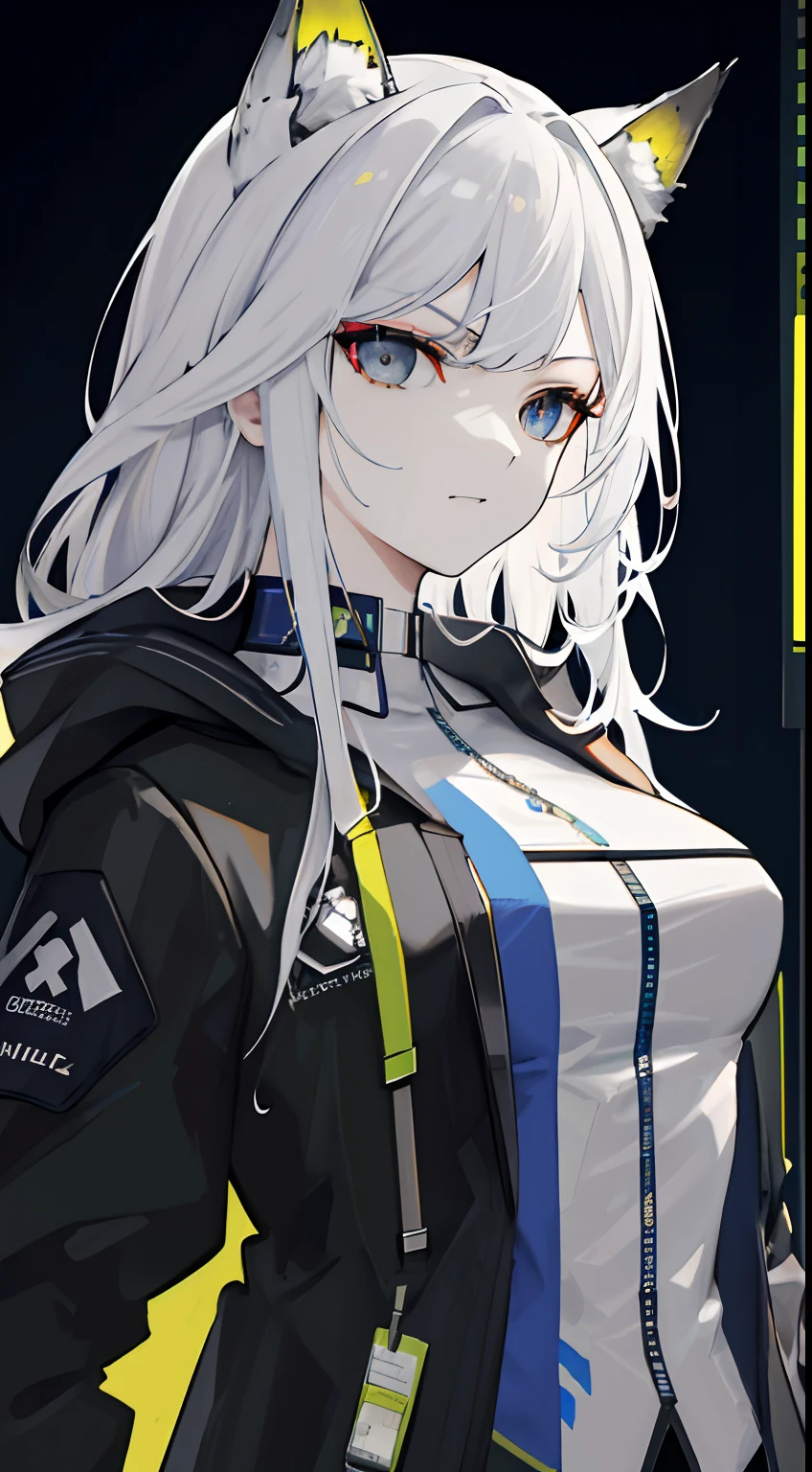 (absurdres, highres, ultra detailed), 1woman, mature female, aged up, wavy long hair, white hair, black eyes, bangs, long sleeves, finely detailed eyes and detailed face, extremely detailed CG unity 8k wallpaper, intricate details, portrait, looking at viewer, solo, (full body:0.6), detailed background, detailed face, (matrix theme:1.1) evil high-tech futuristic hacker,  advanced technology, hoodie, techwear, wearable device, keycard, cables, head-up display, blue (holographic display:1.05), access granted,   cybersecurity, server room in background, orange lights,  dark sinister atmosphere, , portrait, wind swirling