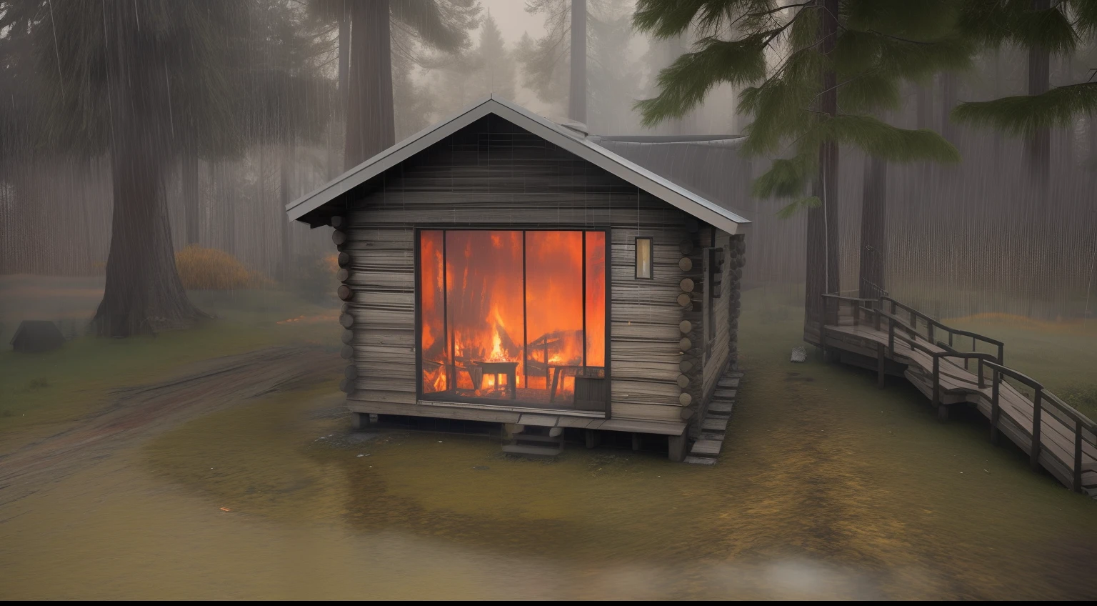 there is a small cabin with a fire in it in the woods, fires!! hyperrealistic, fire raining, cabin in the woods, raining fire, cabin, bathed in the the glow of a fire, erik johansson style, log cabin, octane render. fog, rainy day. game render, inspired by Gregory Crewdson, fire from some windows, erik johansson