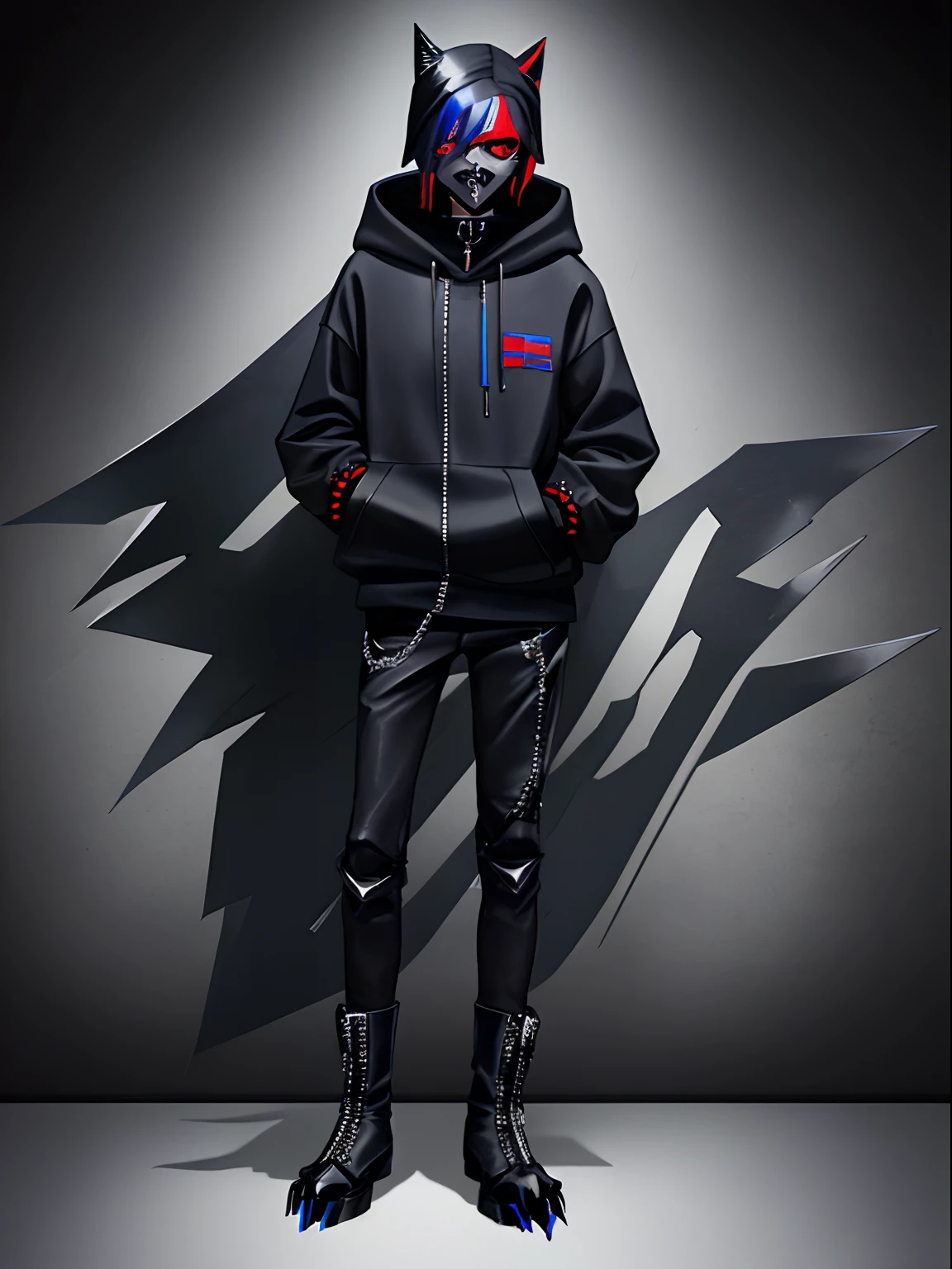 A teen boy that wears a black mask. He wears metallic claws. He wears a zipper hoodie that has a stripe for design. And he wears boots. And his style is mostly black and gray with a few red and blue colors for the stripes. And he has black hair