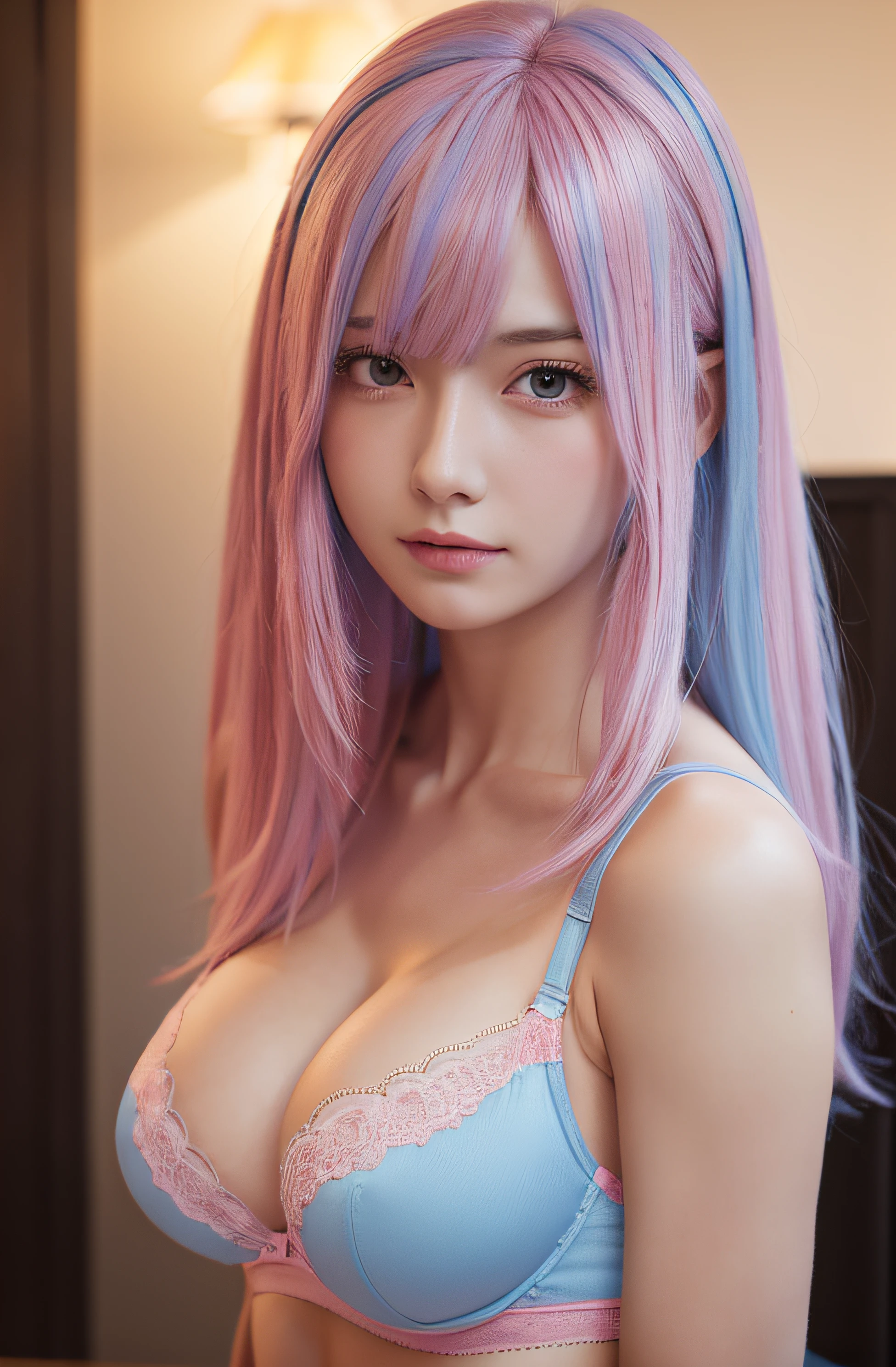 (RAW photo) a girl with sexy underwear, (medium breasts), cleavage, medium long hair, (pink and blue hair), upper body photo, Realistic light, Hyper-realistic, best quality, 8K, ((detailed hands)), correct anatomy.