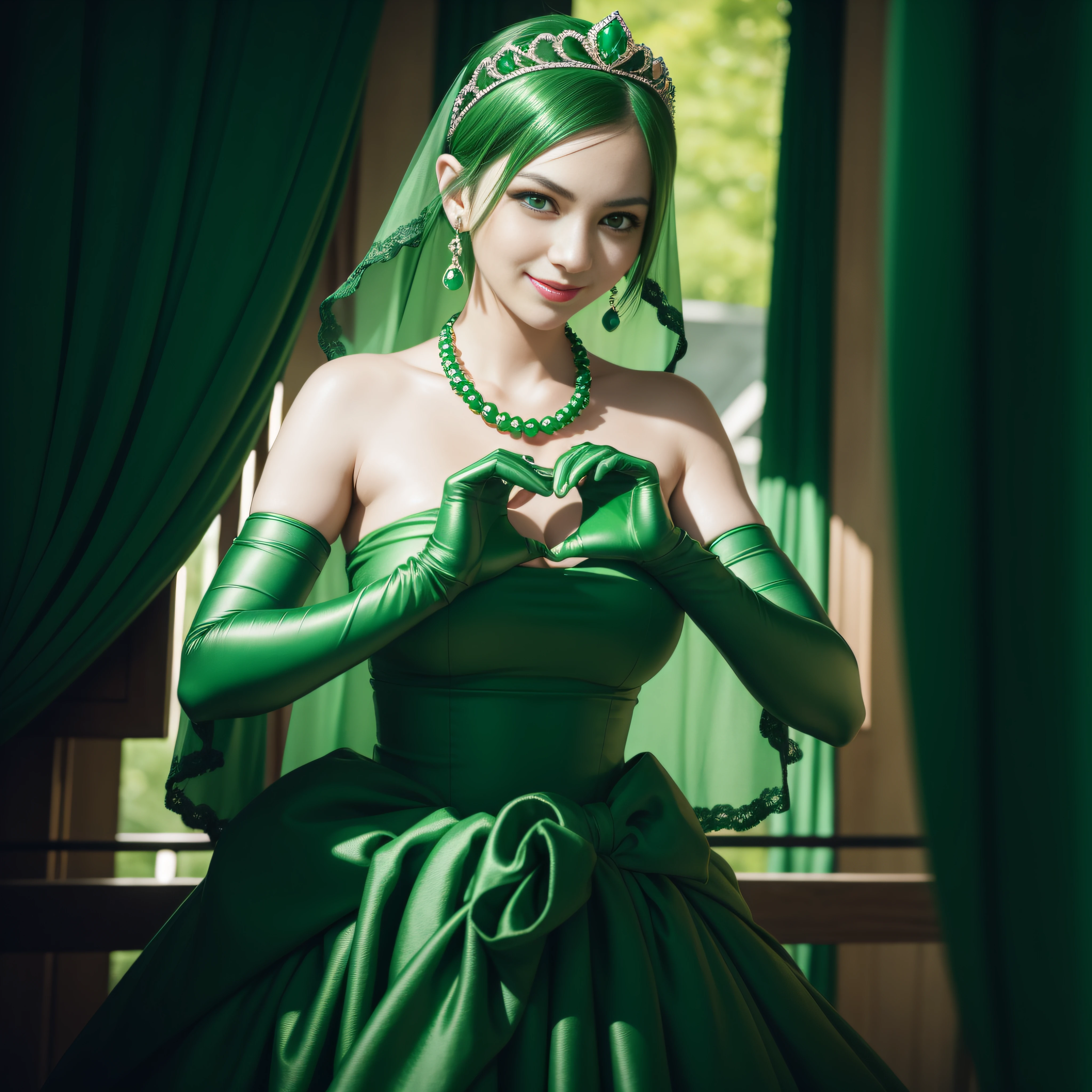 emerald tiara, Green Pearl Necklace, Boyish very short green hair, lipsticks, Japan woman smiling, very short short hair, big breasts beautiful, Green eyes, Long green gloves made of satin material, Green eyes, Emerald Earrings, green vale, Heart with both hands, Green hair