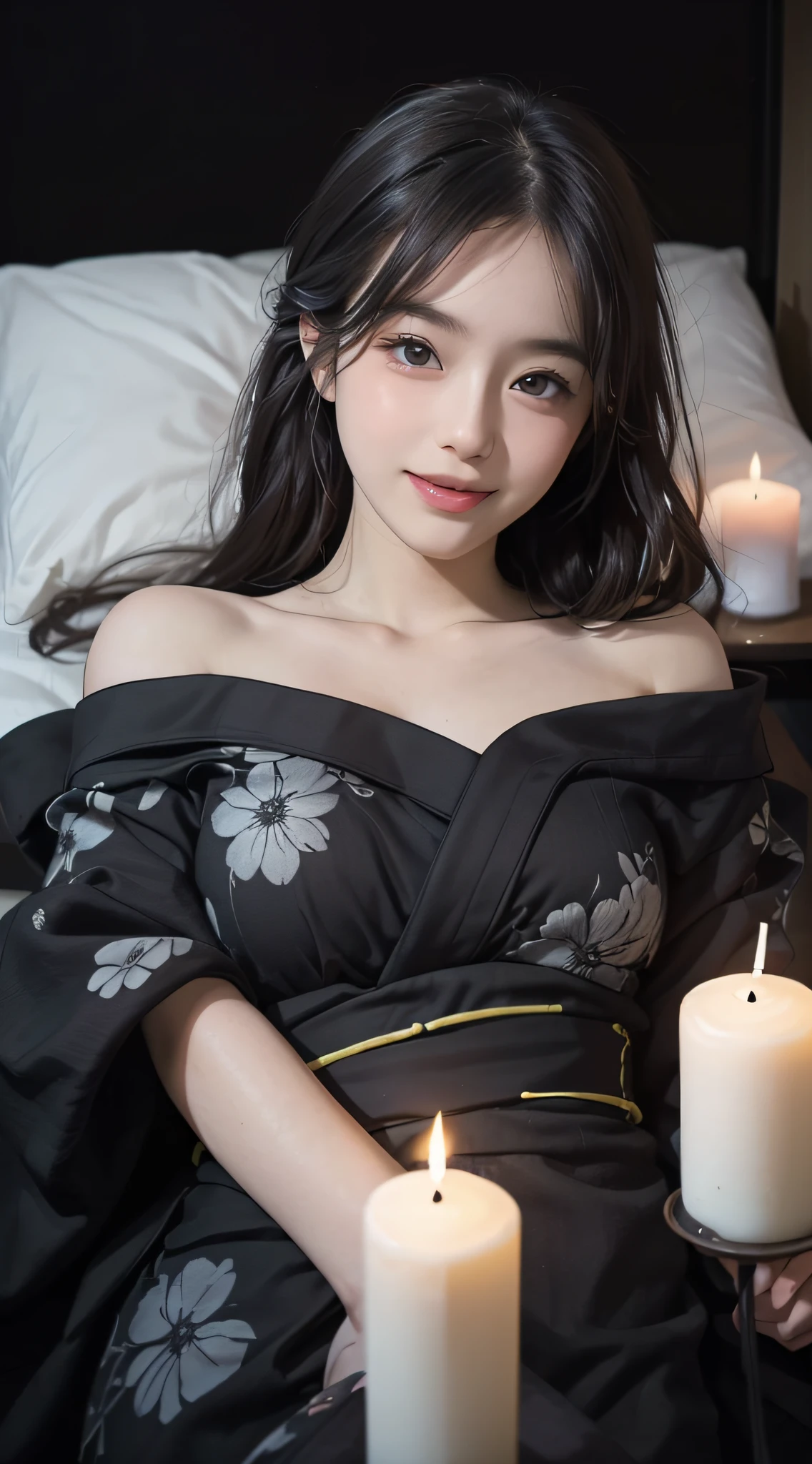 (1girl), Extremely cute face, Amazing face and eyes, (Highly detailed eyes, Highly detailed face), fresh, Very clean appearance, (Hyper-realistic, hight resolution), (Best Quality:1.4), Raw photo, (Realistic, Photorealsitic:1.37), Professional Photography, (floral pattern yukata:1.25), (Amazing big:1.1), (Open yukata), (???? shoulders), Smile slightly, (Lying face up on a futon:1.5), (Staring at me), Bedroom, futon bedding, PILLOWS, Floral Screen, Relaxing, (It's pitch black in the bedroom:1.6), (Only the brightness of one candle:1.5),