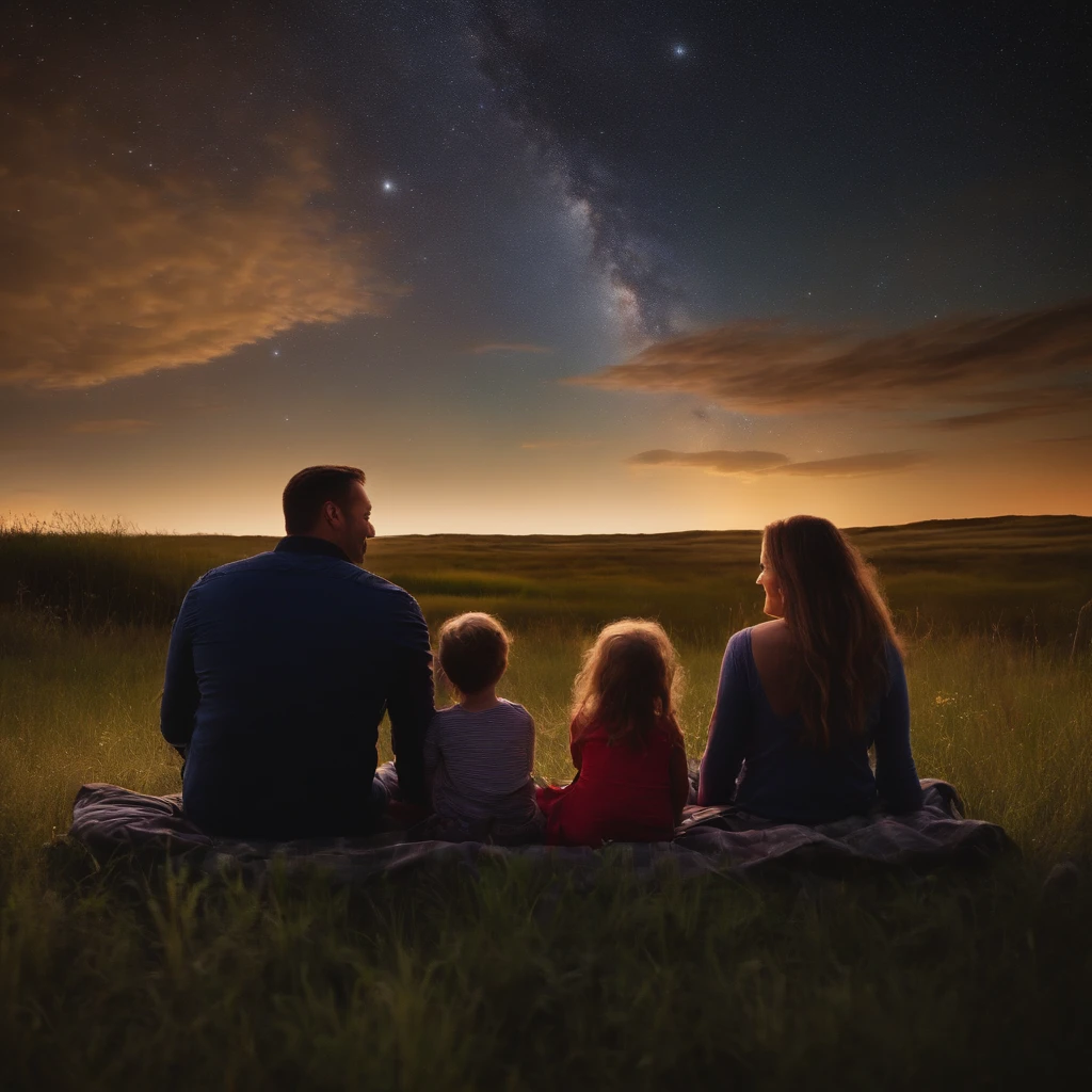 Family sitting on the prairie watching the stars,Full of happiness